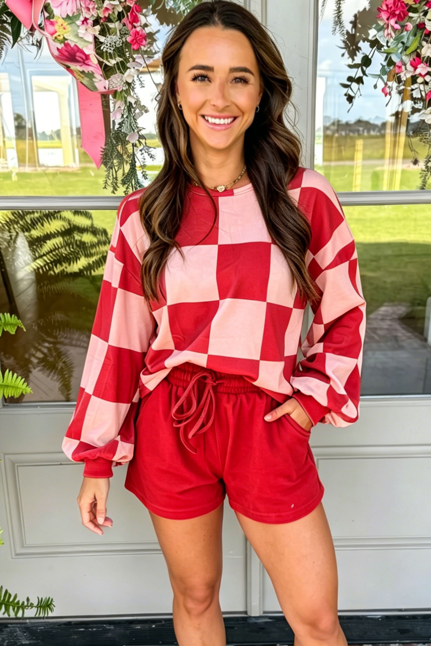Red Plaid Lounge Set, Casual Long Sleeve Top With Shorts - Detail View 5