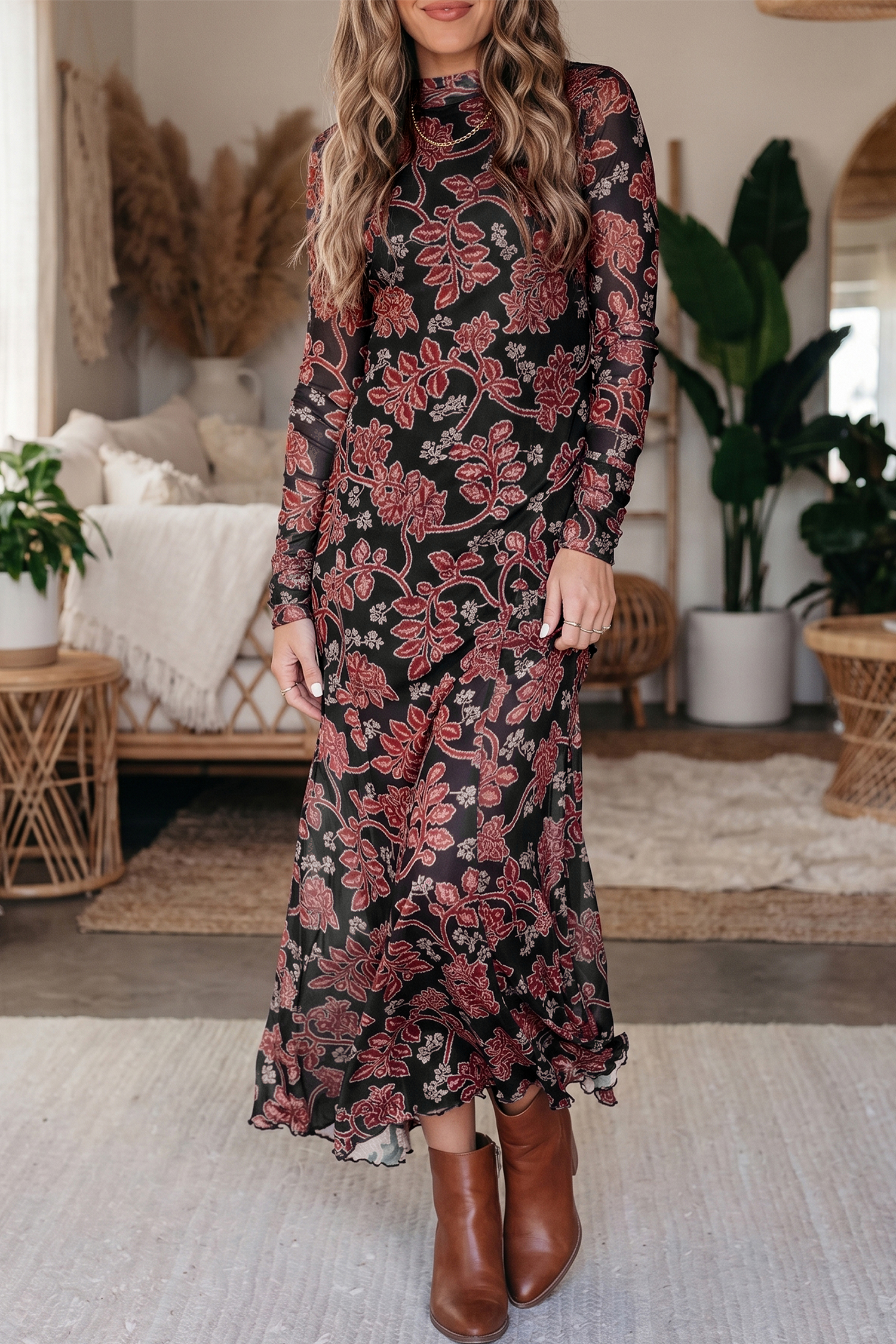Black Floral Mesh Maxi Dress, Elegant Long Sleeve Fall Style - Detail View 2