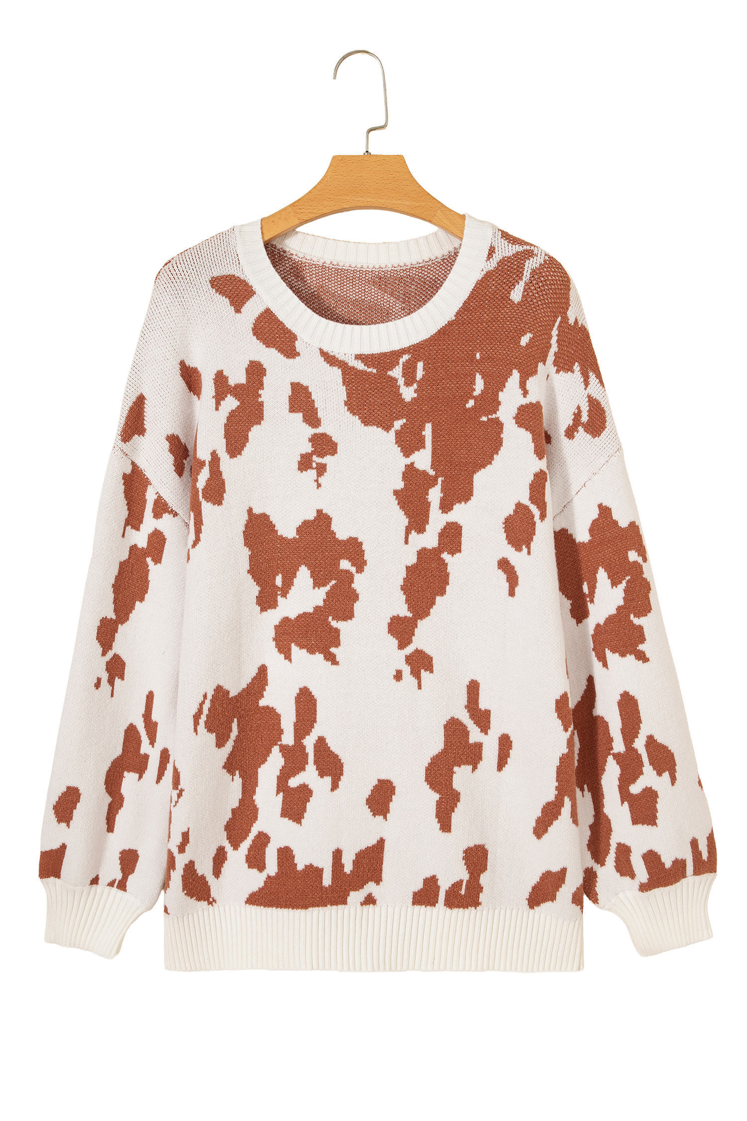 Women's Abstract Print Sweater, Khaki Round Neck Pullover - Detail View 7