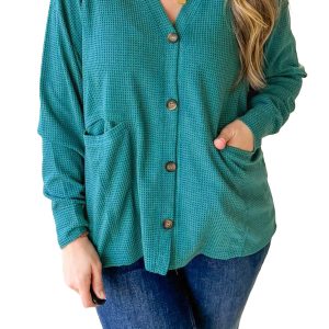 Women's Waffle Knit Cardigan, Button Front Long Sleeve Top - Main View