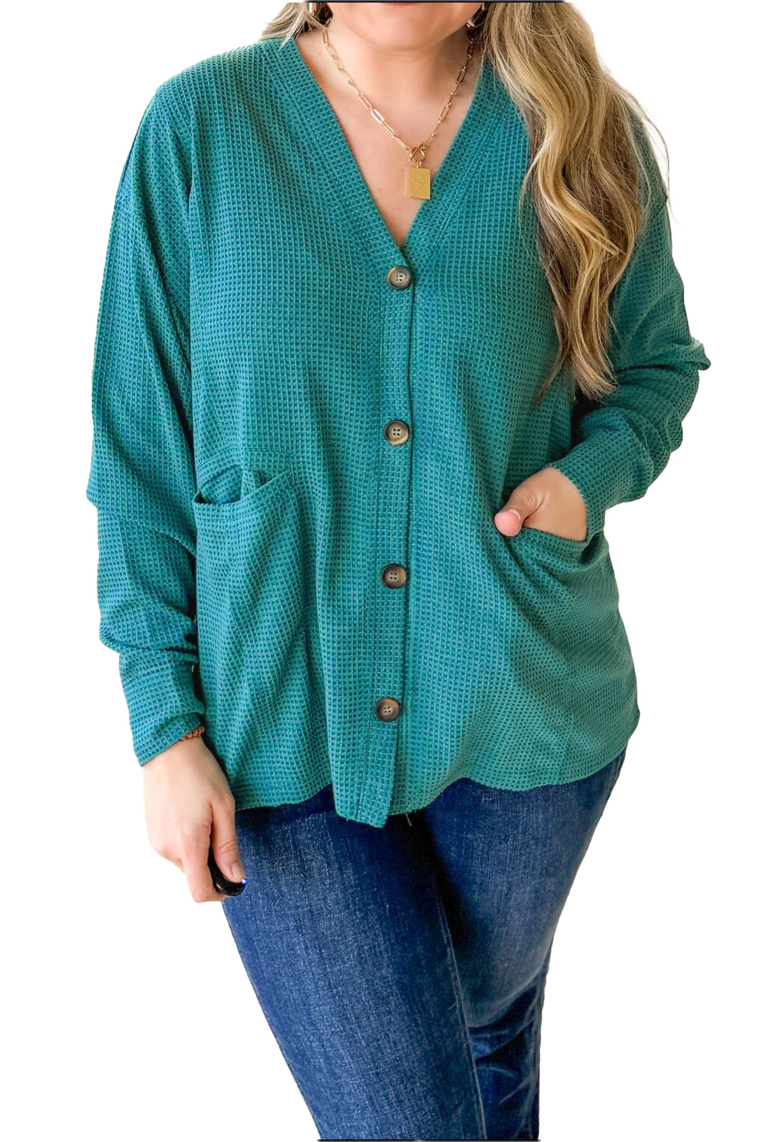 Women's Waffle Knit Cardigan, Button Front Long Sleeve Top - Main View