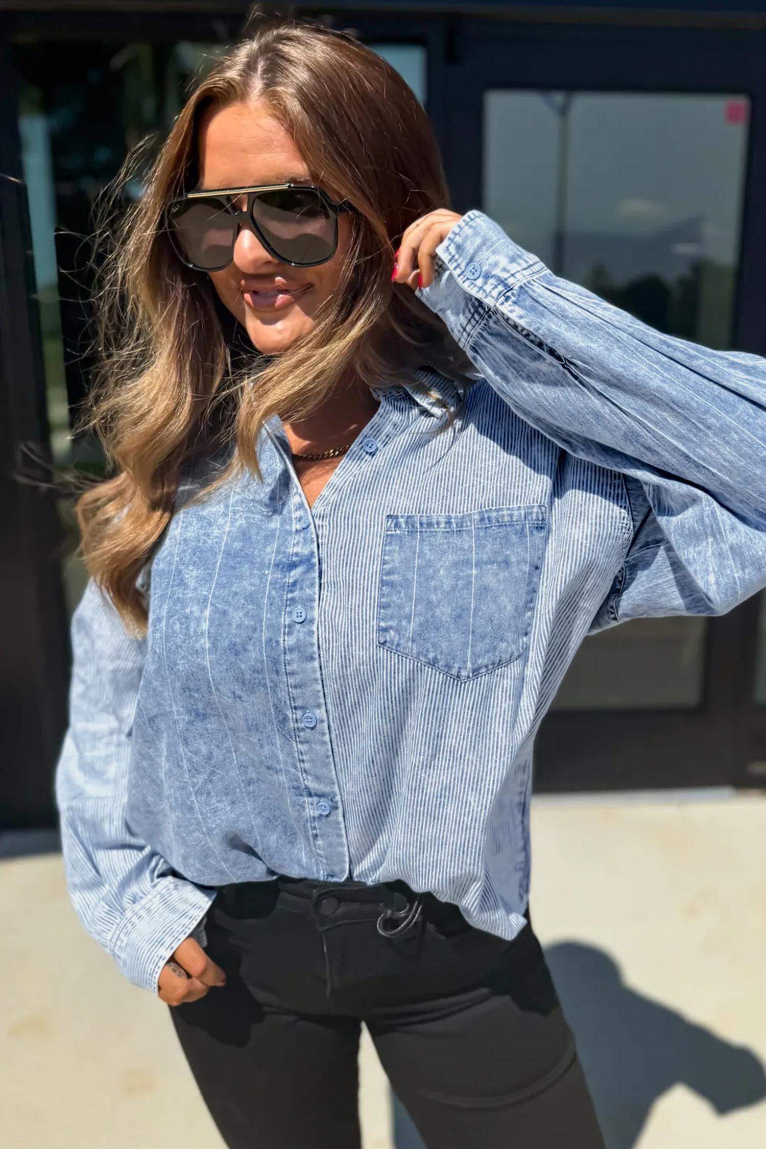 Cotton Blend Striped Denim Shirt, Women's Cozy Top - Detail View 6