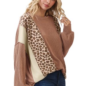 Women's Leopard Colorblock Top, Casual Ribbed Knit Long Sleeve - Main View