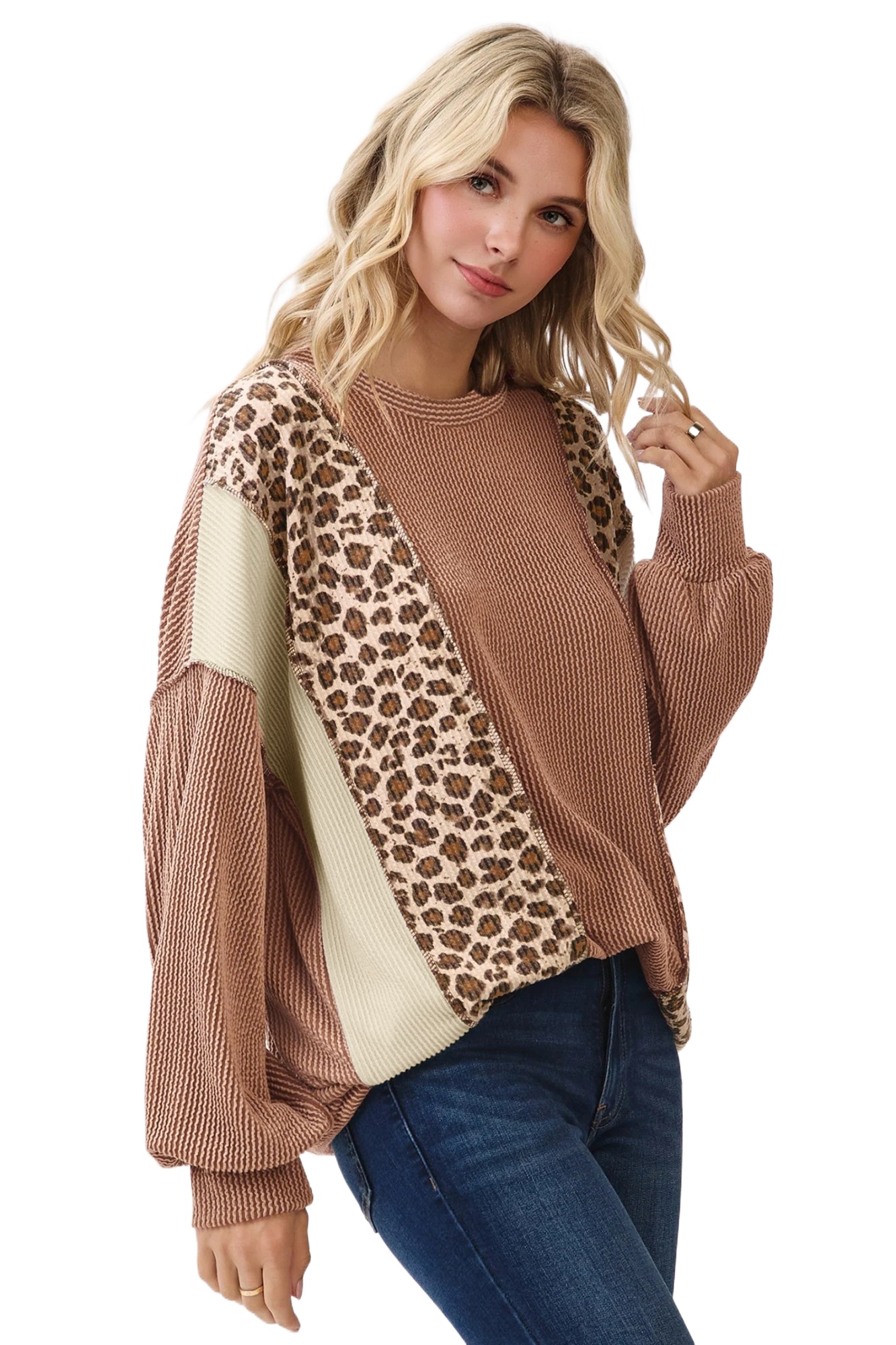 Women's Leopard Colorblock Top, Casual Ribbed Knit Long Sleeve - Main View