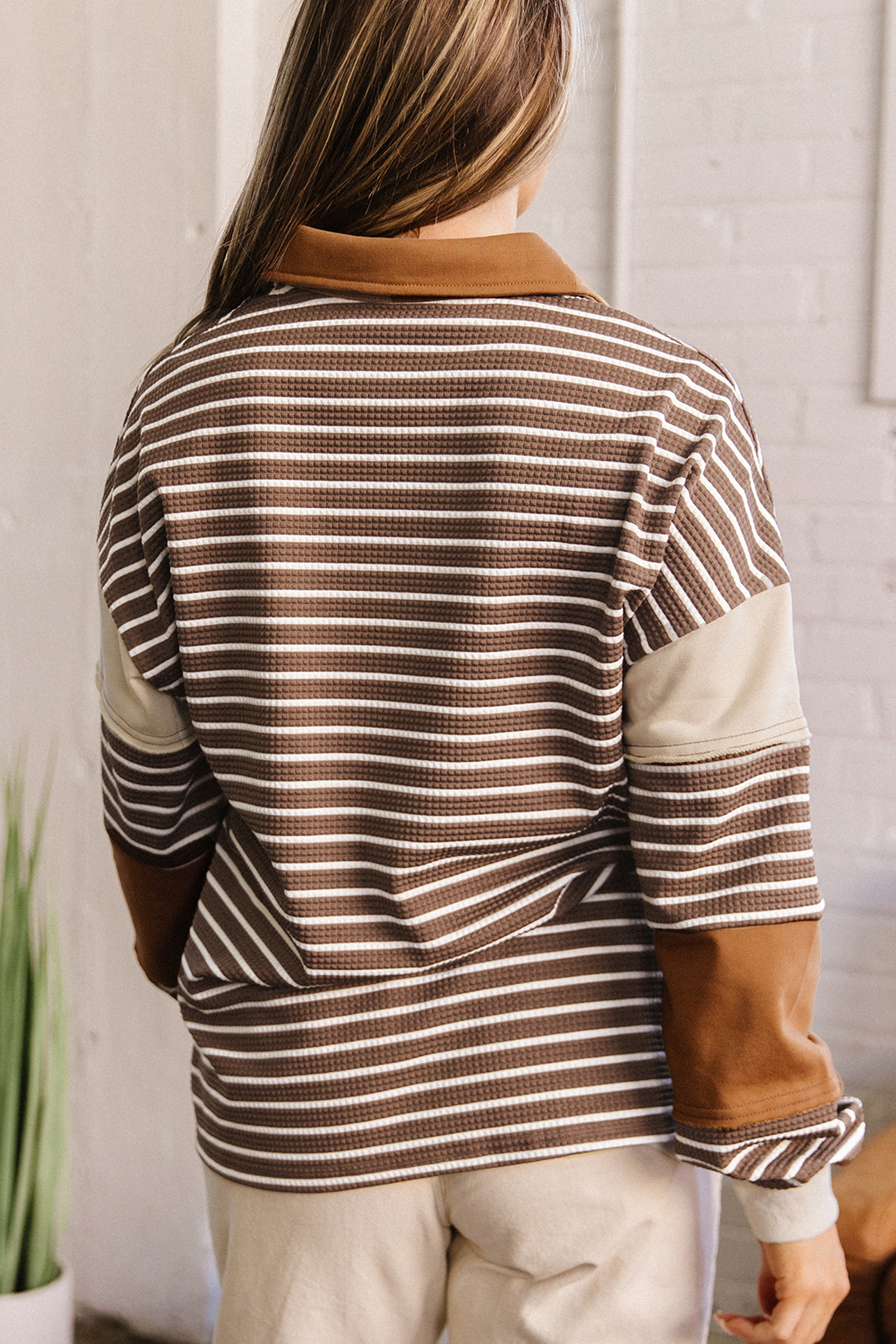 Color Block Stripe Top, Women's V Neck Waffle Knit Pullover - Detail View 2