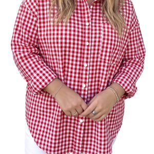 Women's Red Plaid Shirt, Casual Button Down Long Sleeve Top - Main View