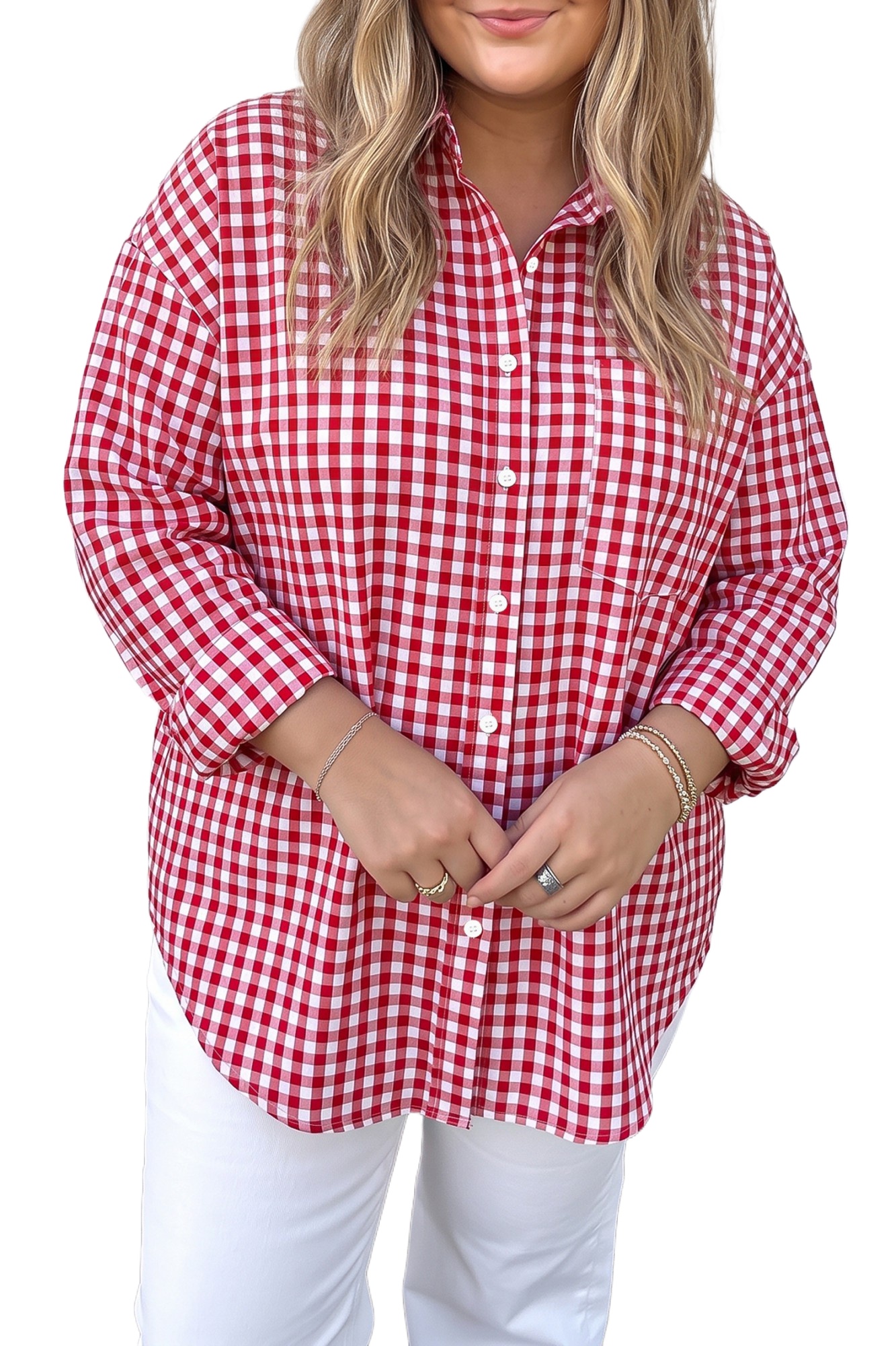 Women's Red Plaid Shirt, Casual Button Down Long Sleeve Top - Main View