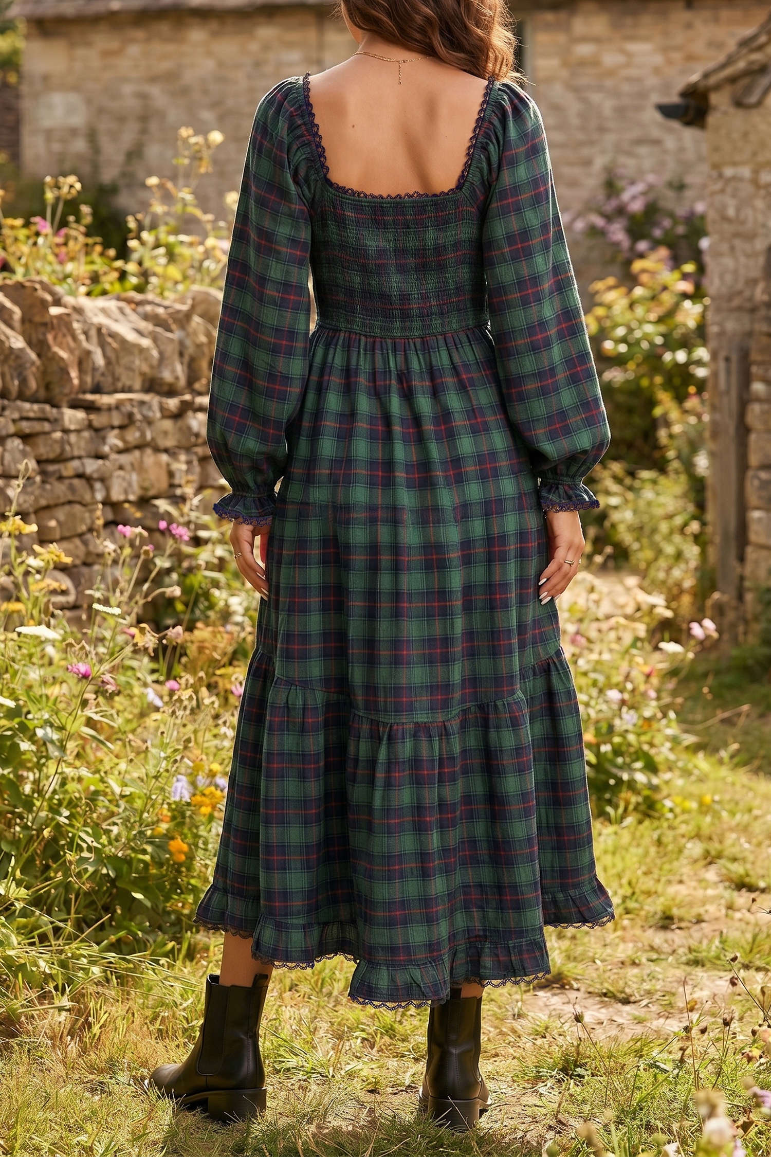Autumn Plaid Tiered Dress, Smocked Waist Long Sleeve Style - Detail View 2