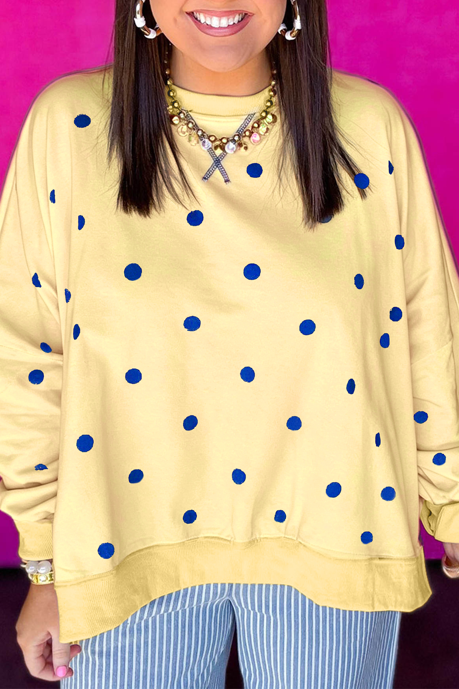 Yellow Long Sleeve Pullover, Women's Casual Polka Dot Shirt - Detail View 3