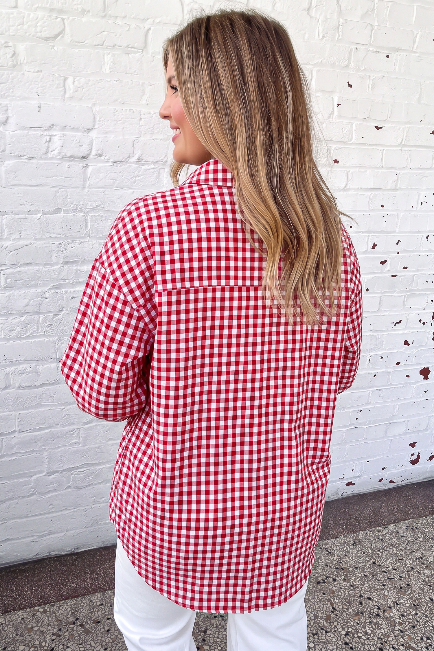 Red Gingham Button Up Shirt, Relaxed Fit Long Sleeve Blouse - Detail View 2