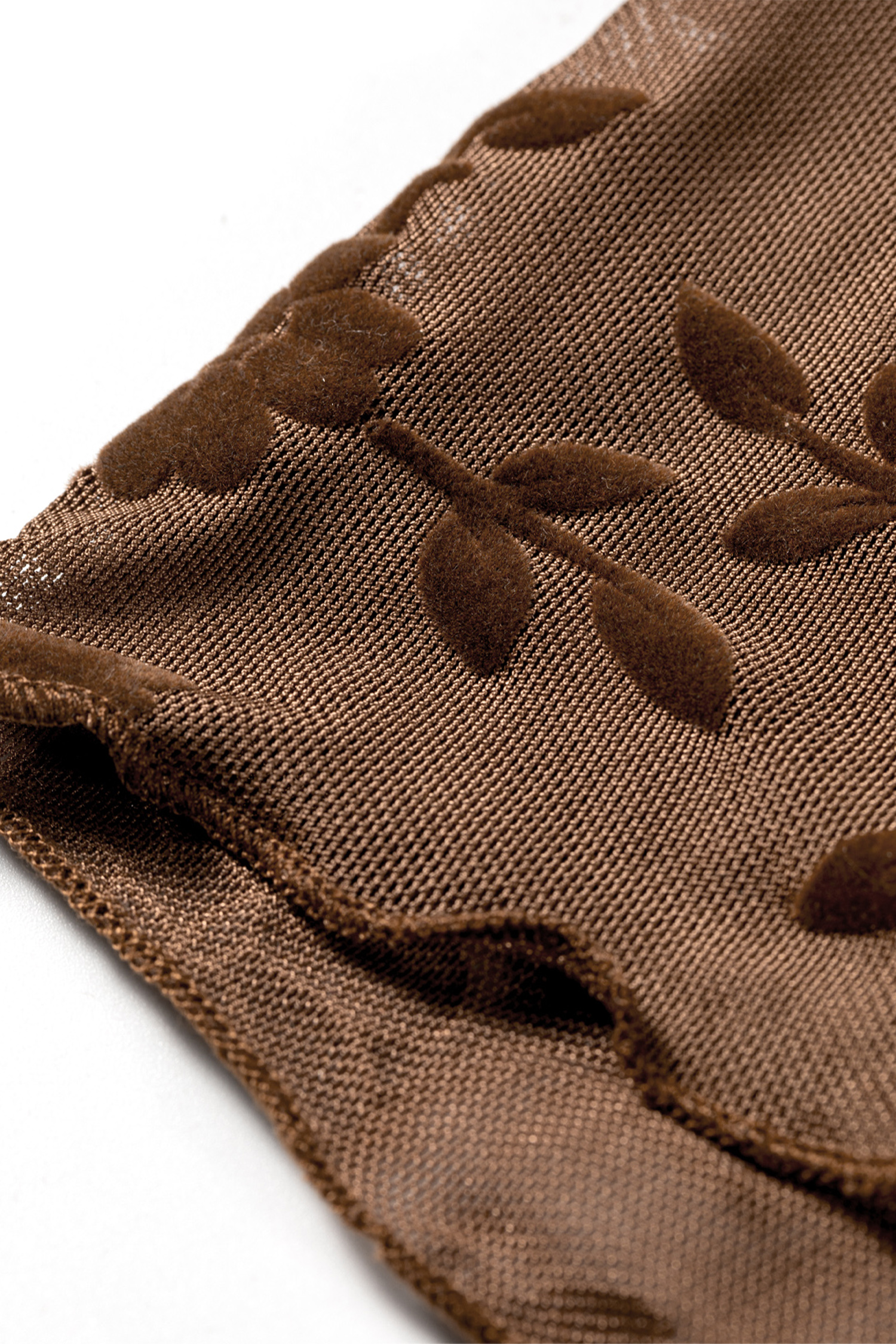 Brown Floral Sheer Mesh Top, Long Sleeve Fitted Clubwear - Detail View 6