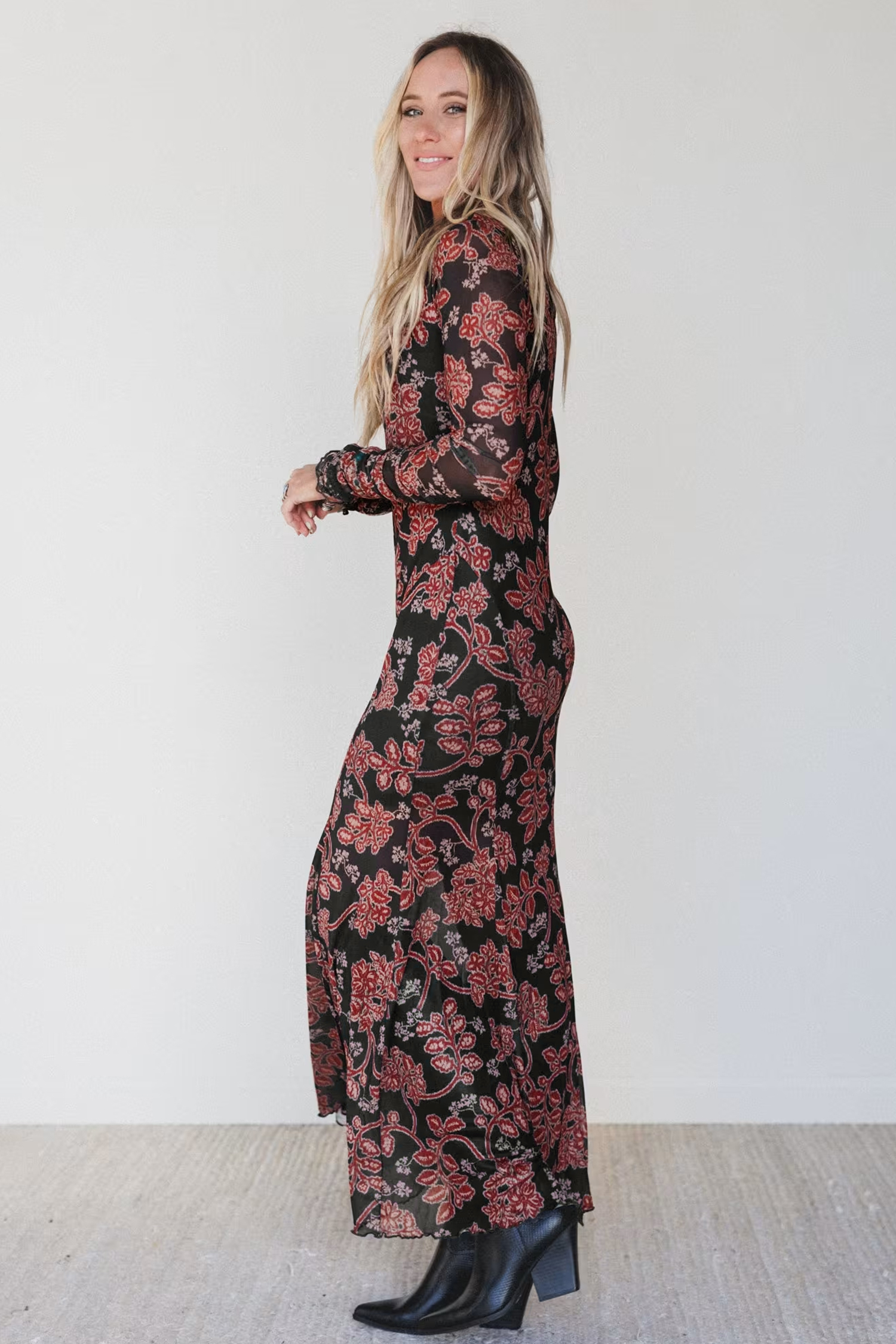 Women's Casual Floral Mesh Dress, Long Sleeve Autumn Midi Fit - Detail View 6