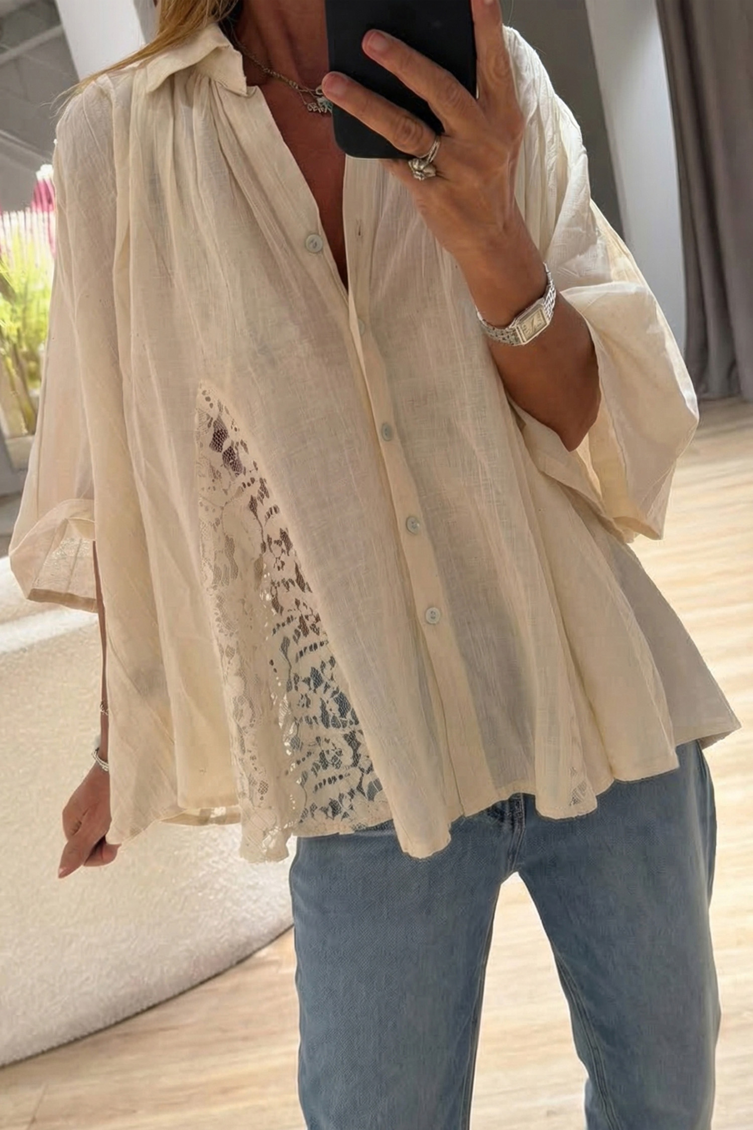Women's Lace Detail Shirt, Oatmeal Bohemian Flowy Blouse - Detail View 7