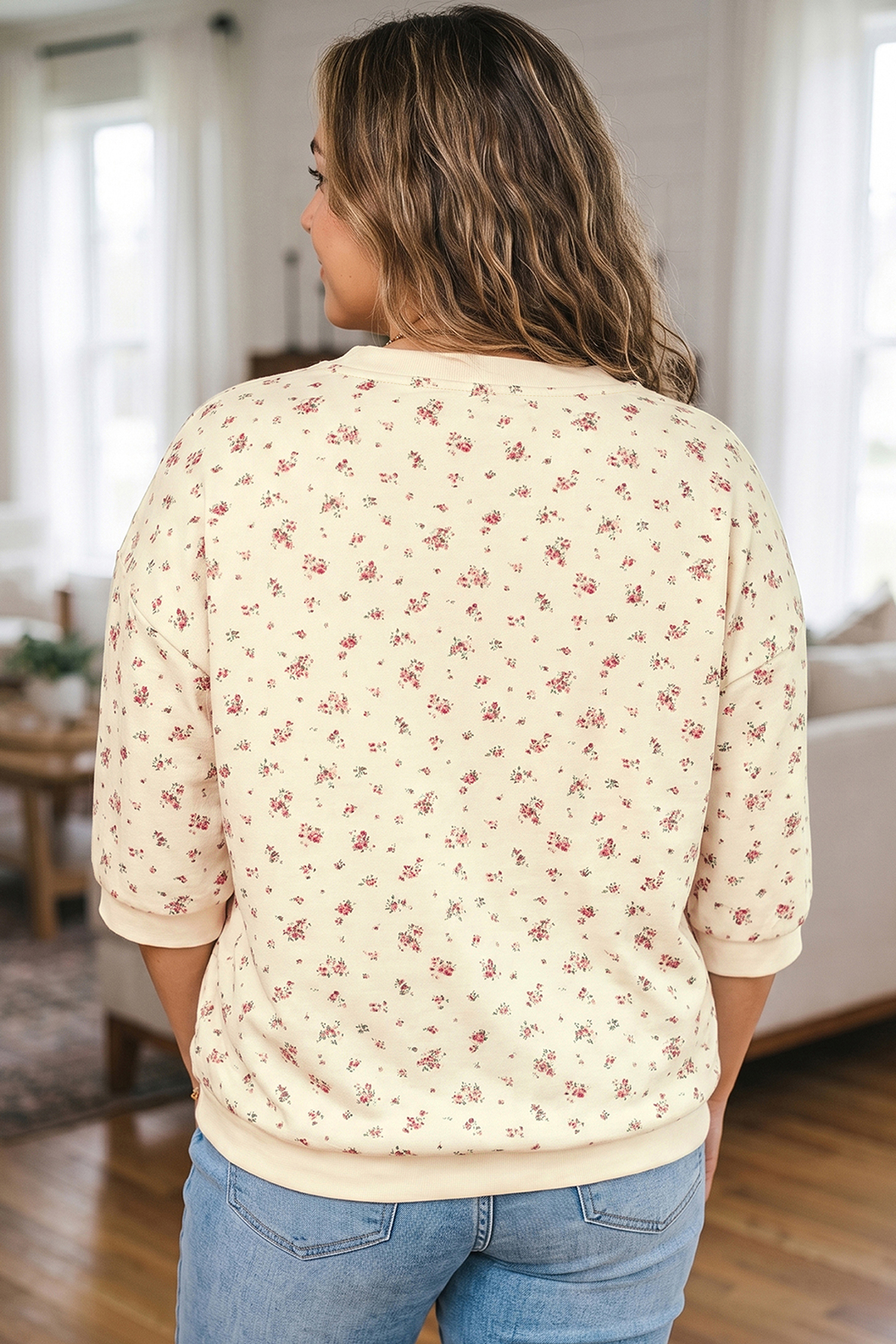 Beige Floral Print Top, Bracelet Sleeve Spring Casual Blouse - Detail View 2