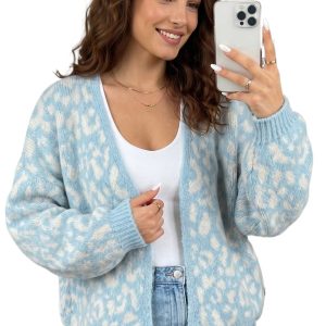Women's Leopard Knit Cardigan, Casual Daily Loose Sweater - Main View