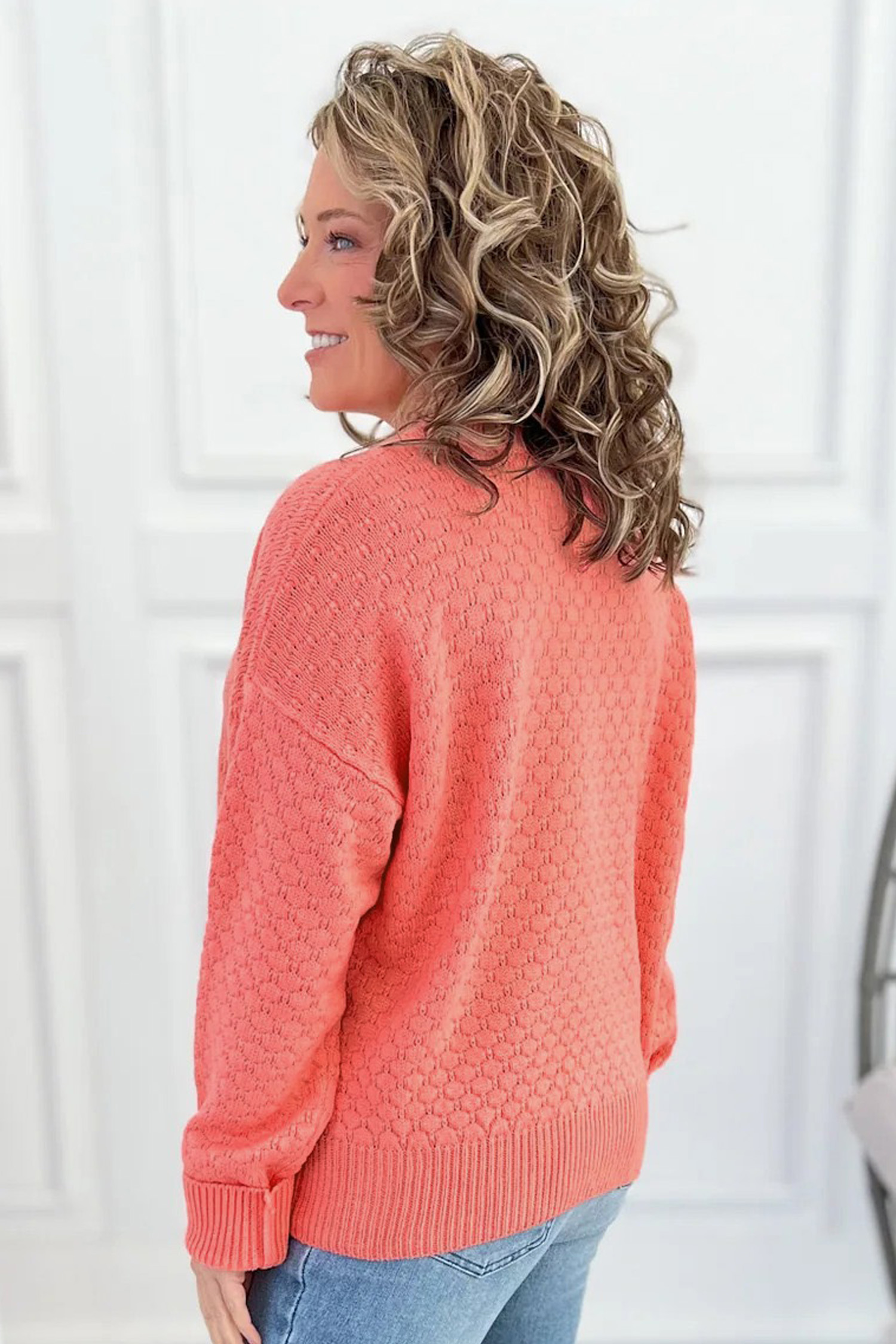 Soft Cotton Blend Pullover, Coral Ribbed Textured Sweater - Detail View 5