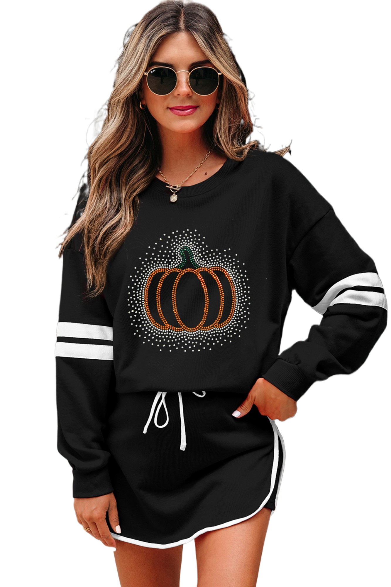 Women's Pumpkin Graphic Set, Rhinestone Long Sleeve Skort - Main View