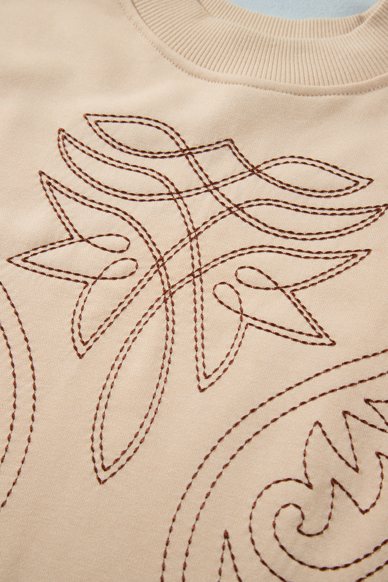Beige Long Sleeve Pullover, Southwestern Style Embroidery - Detail View 8
