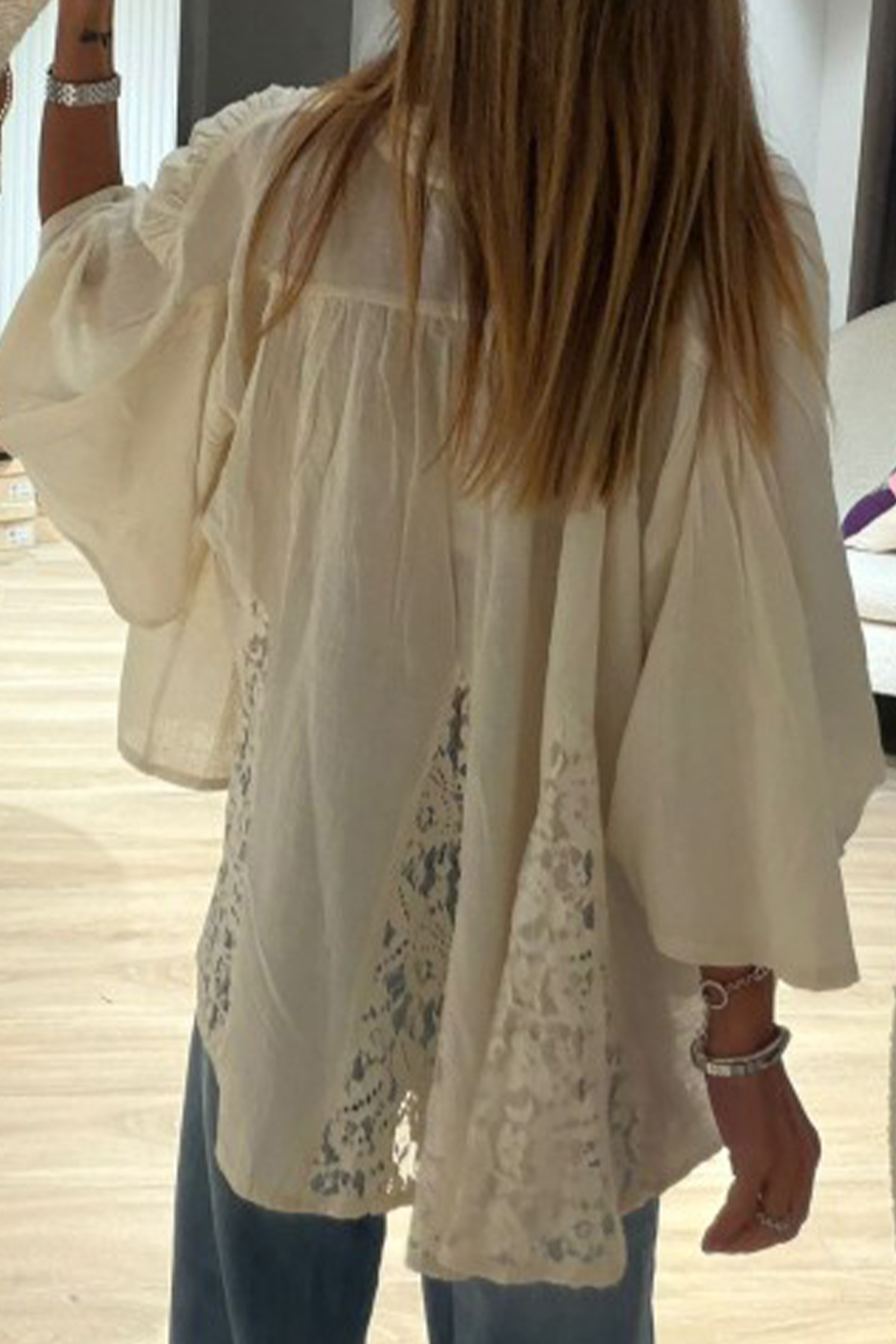 Women's Bracelet Sleeve Shirt, Oatmeal Flowy Vacation Blouse - Detail View 3