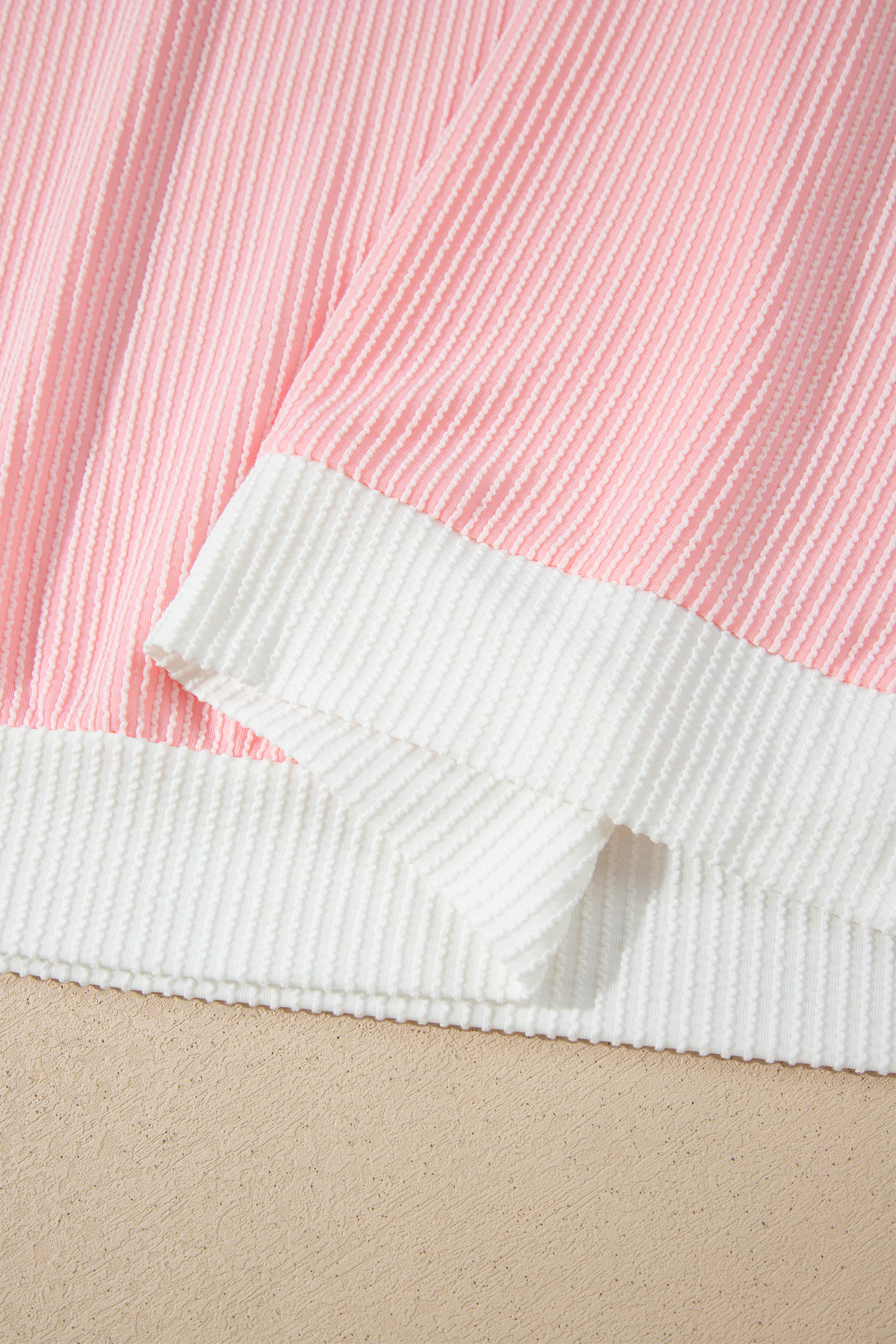 Pink Ribbed Knit Sweater, Round Neck Fall Colorblock Blouse - Detail View 11