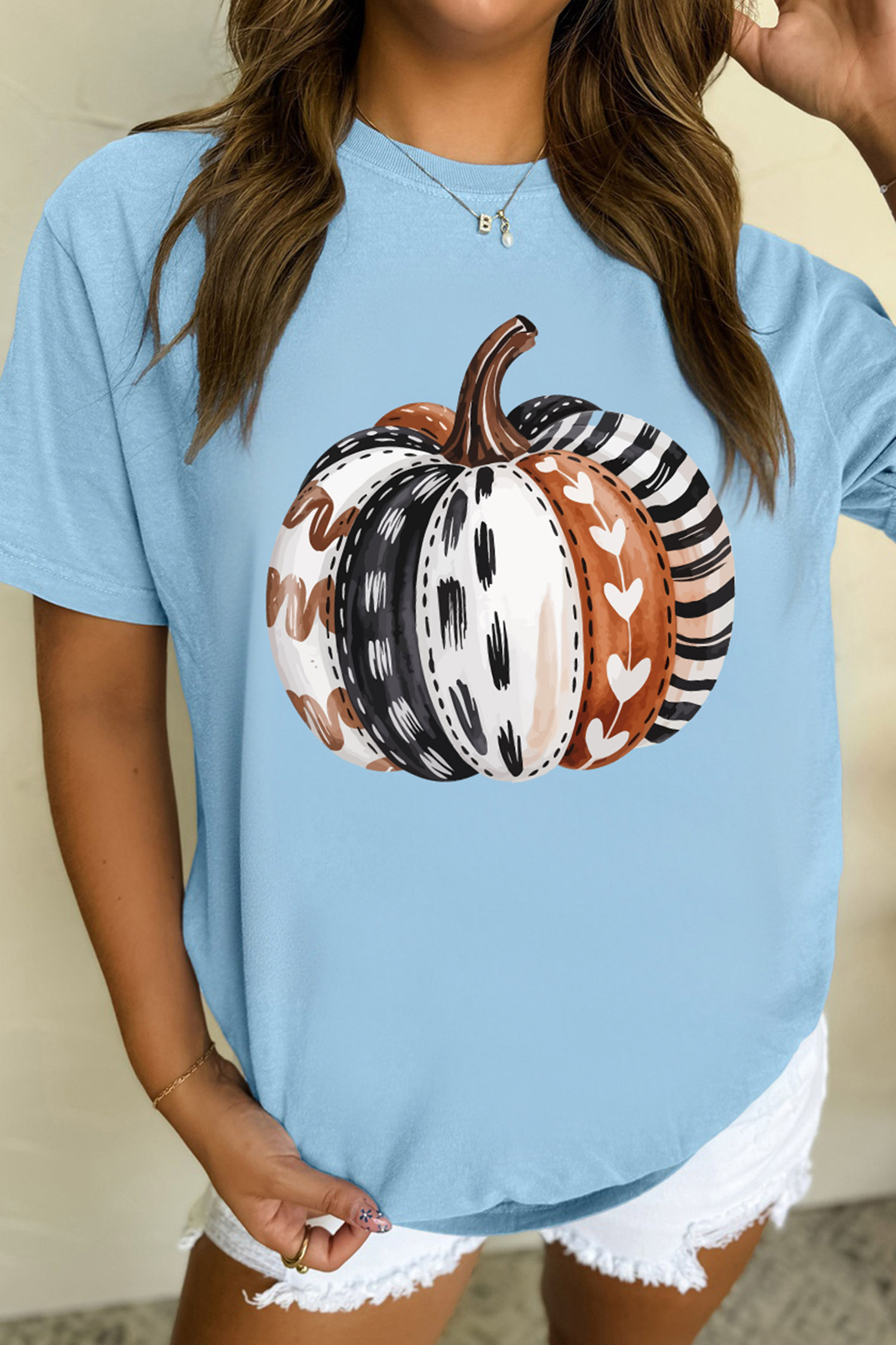 Women's Casual Pumpkin Print Tee, Soft Short Sleeve Fall Top - Detail View 3