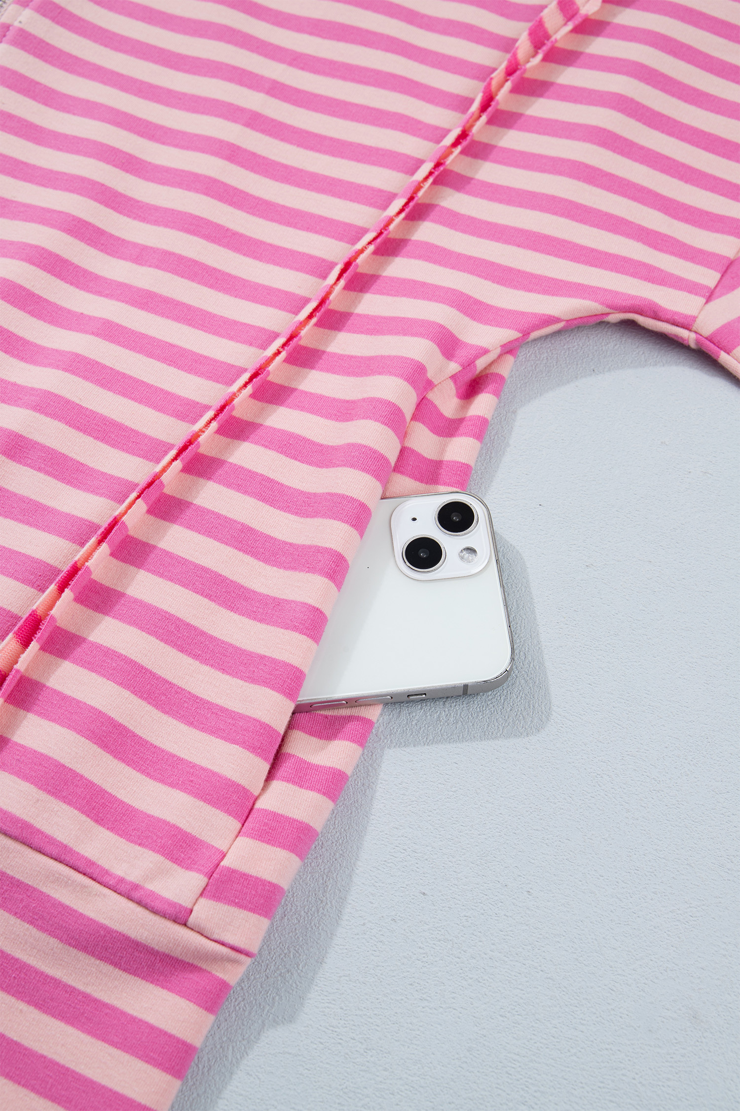 Pink Striped Full Zip Sweatshirt, Trendy Puff Sleeve Jacket - Detail View 11