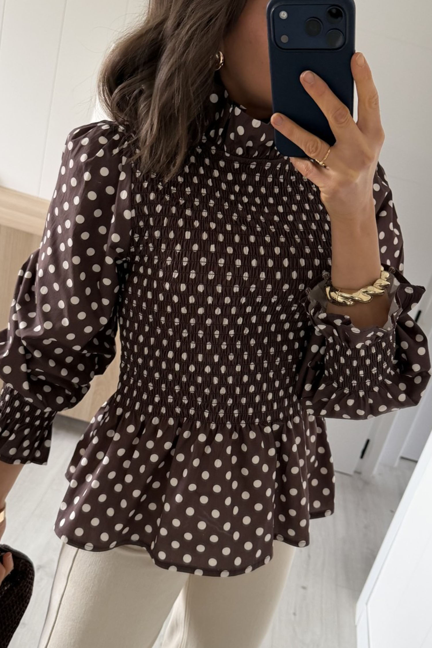 Elegant High Neck Blouse, Women's Fall Polka Dot Shirred Top - Detail View 3