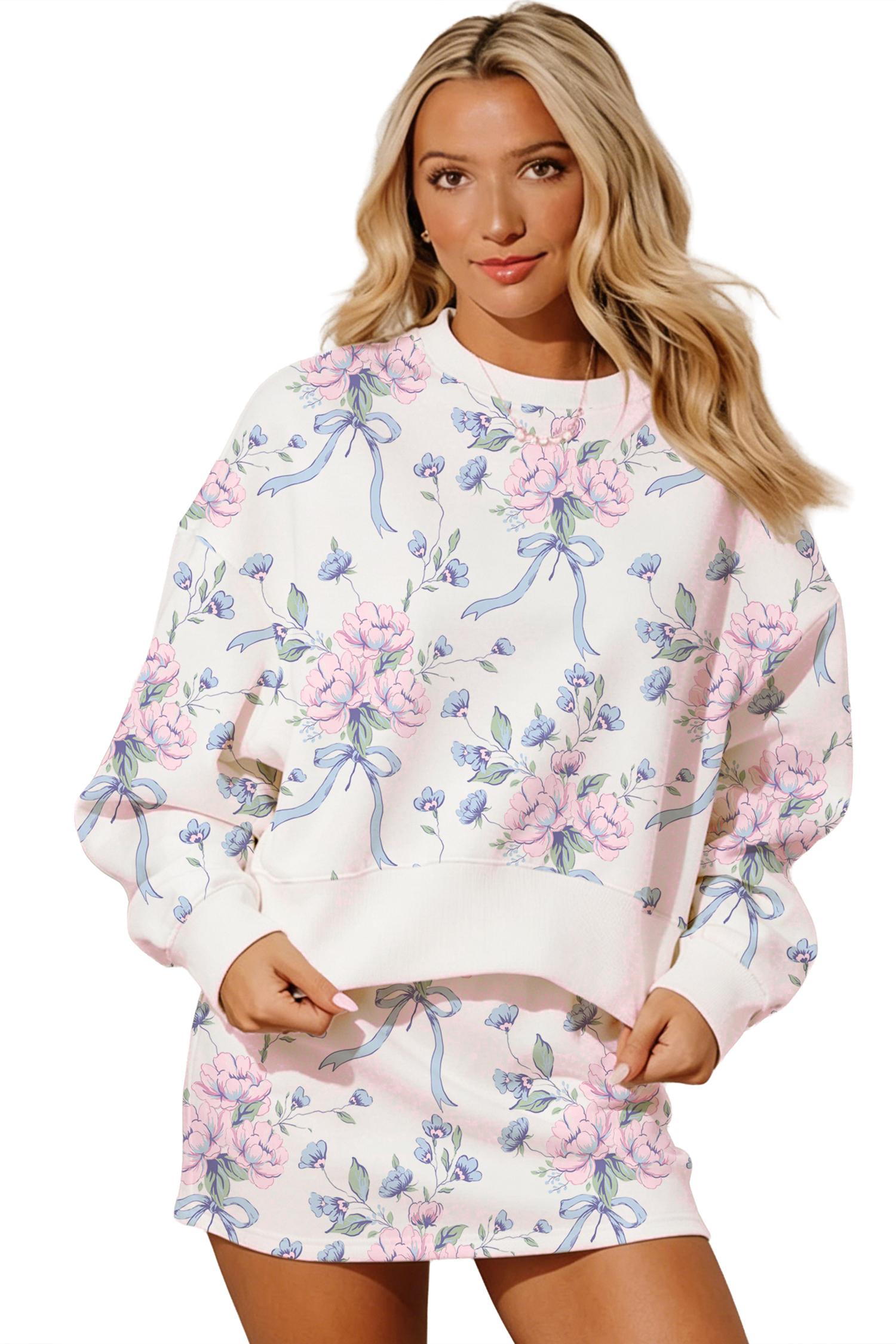 Women's Floral Two Piece Set, Long Sleeve Top and Skort - Main View