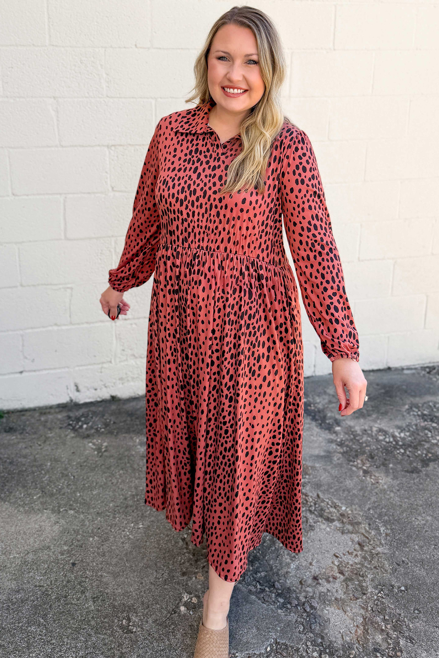 Women's Leopard Midi Dress, Casual Long Sleeve Fall Fashion - Detail View 7