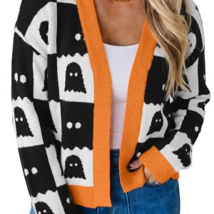 Women's Ghost Print Cardigan, Casual Halloween Knit Sweater - Main View