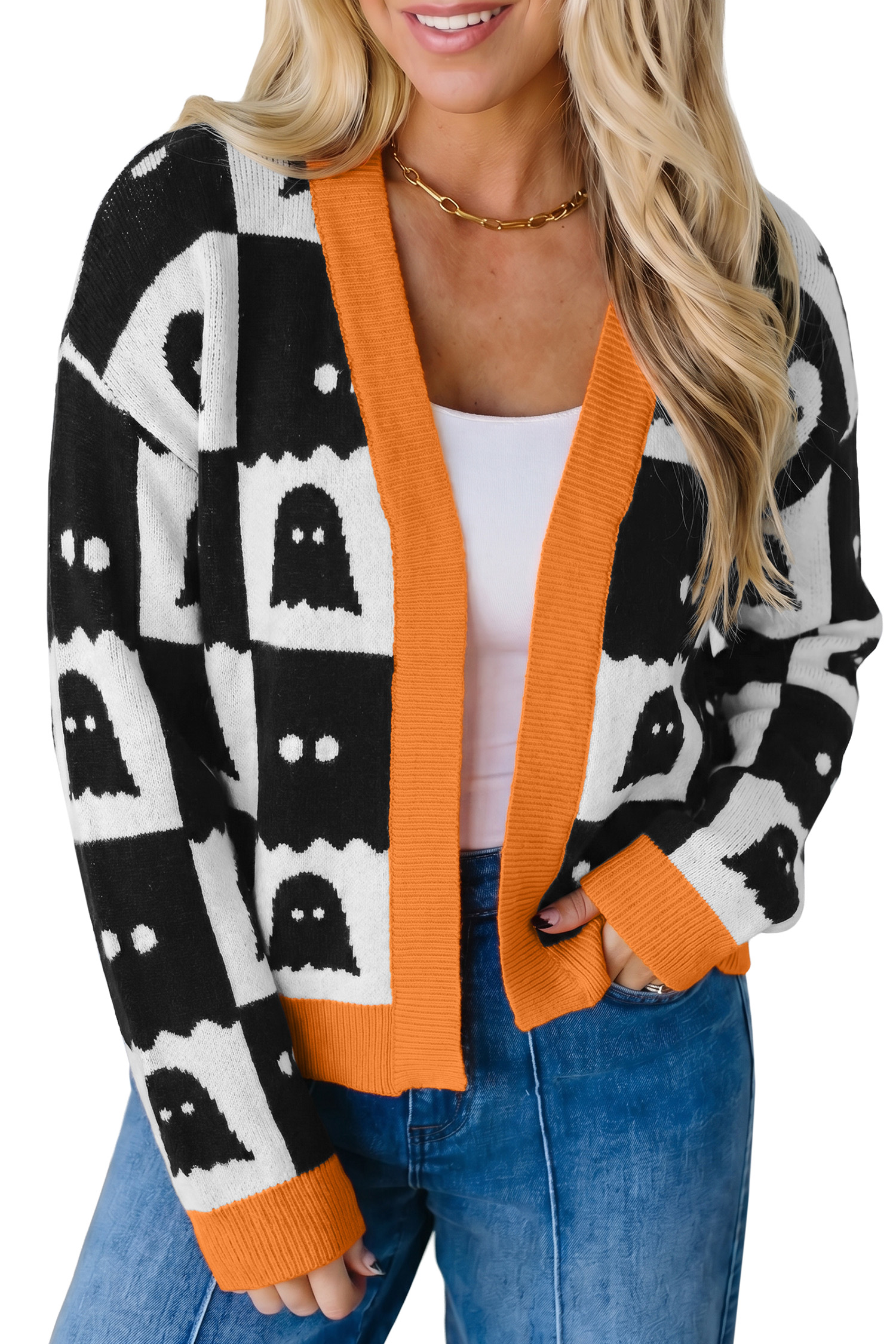 Women's Ghost Print Cardigan, Casual Halloween Knit Sweater - Main View