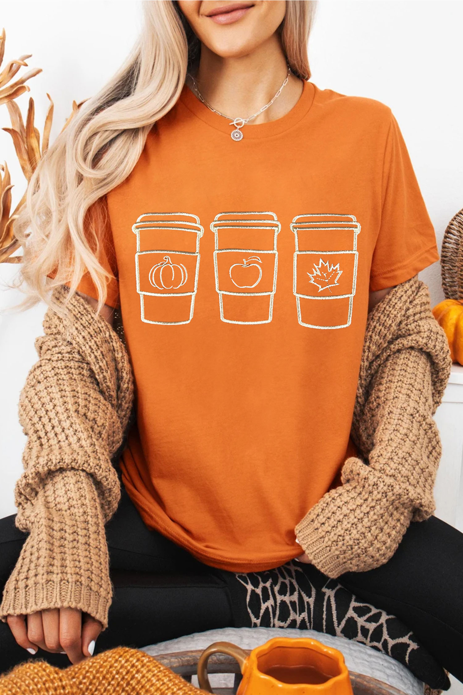 Short Sleeve Fall Graphic Tee, Women's Orange Round Neck Top - Detail View 6