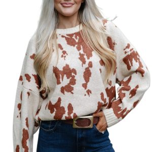Women's Abstract Print Sweater, Khaki Round Neck Pullover - Main View