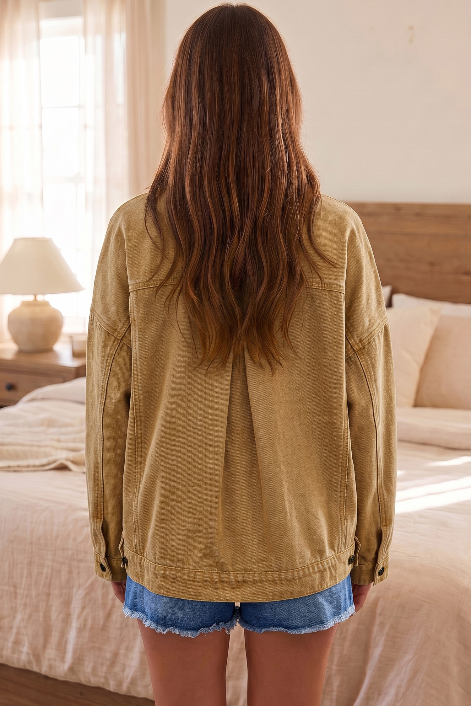 Western Style Denim Jacket, Honey Gold Button Front Layer - Detail View 6