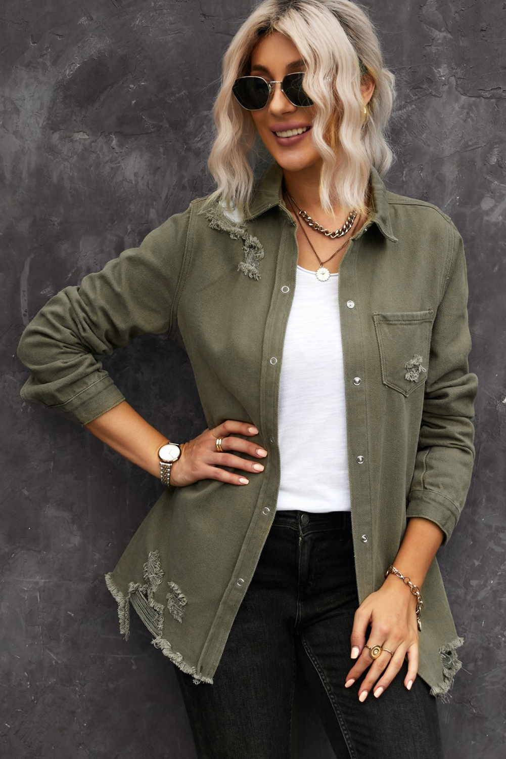 Raw Hem Ripped Denim Shirt Jacket, Trendy Women's Shacket - Detail View 8