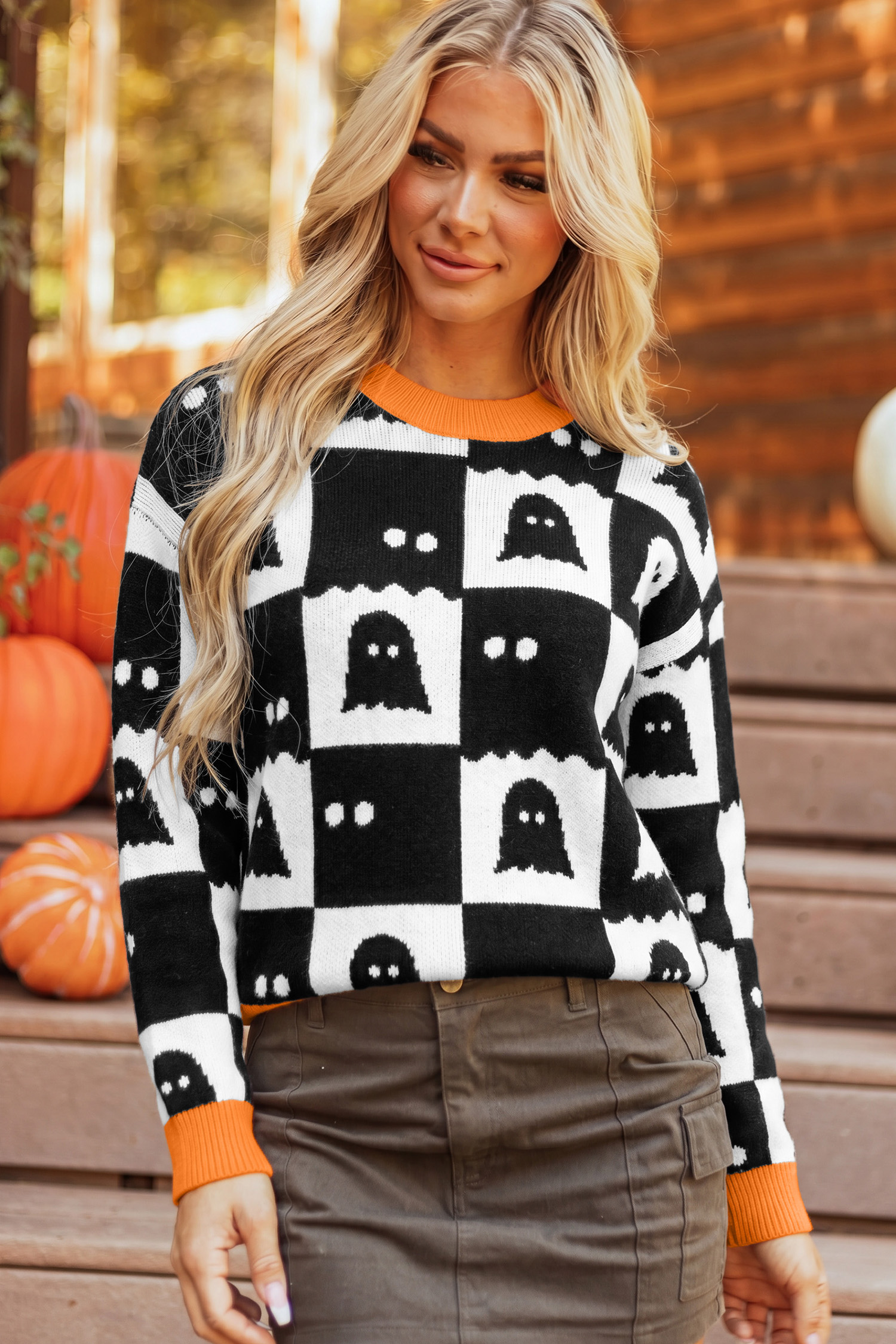 Checkered Ghost Knit Pullover, Women's Fall Fashion Top - Detail View 2