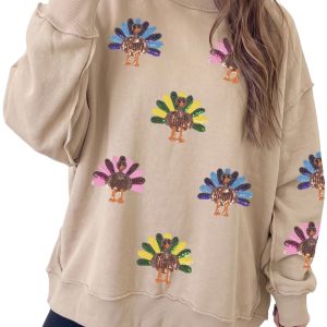 Women's Turkey Graphic Sweatshirt, Apricot Sequined Fall Top - Main View