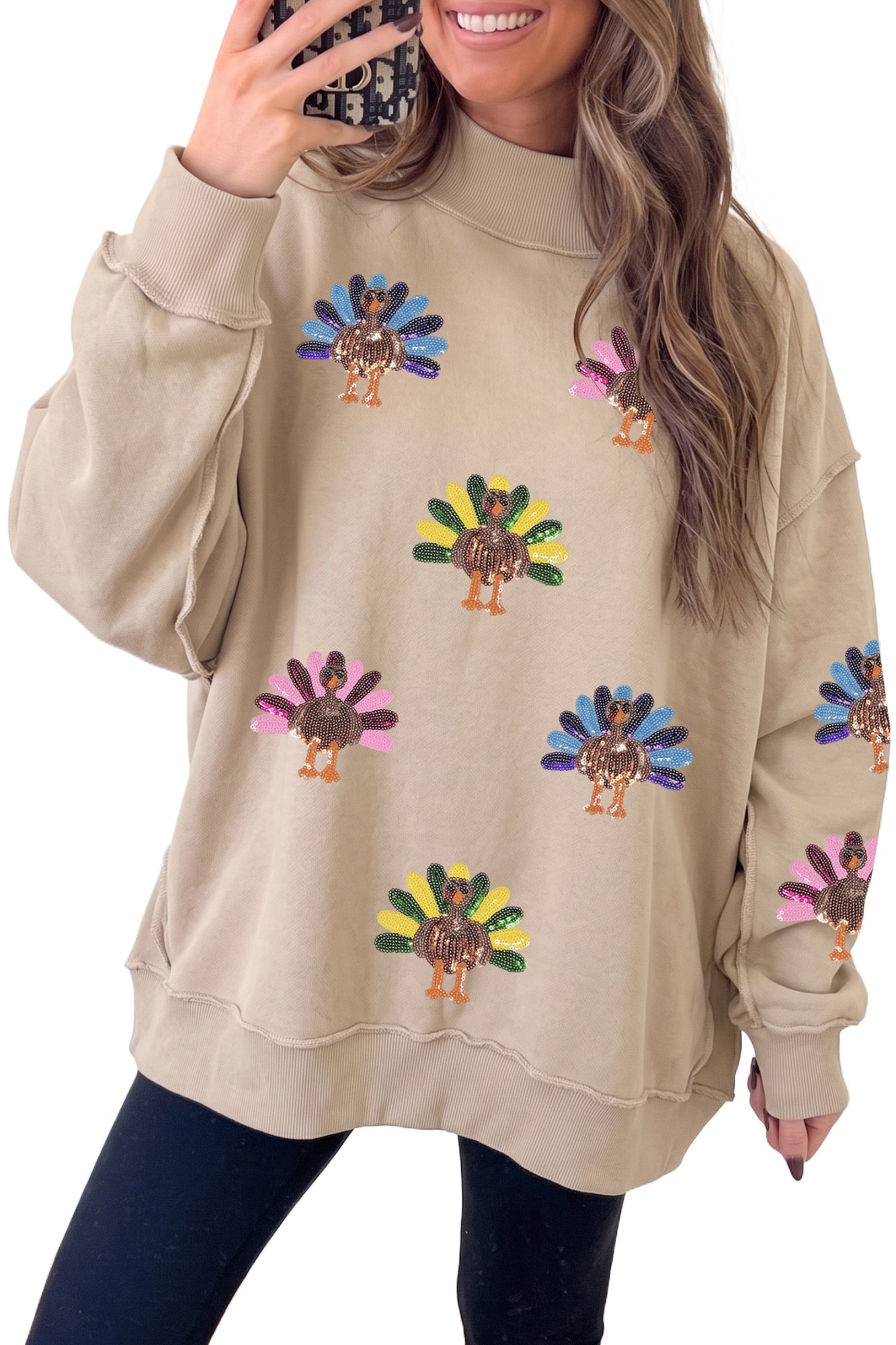Women's Turkey Graphic Sweatshirt, Apricot Sequined Fall Top - Main View