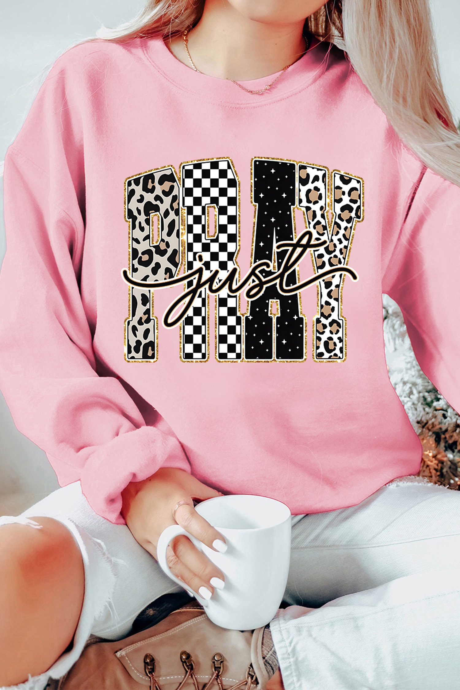 Women's Faith Graphic Pullover, Pink Letter Sweatshirt - Detail View 5