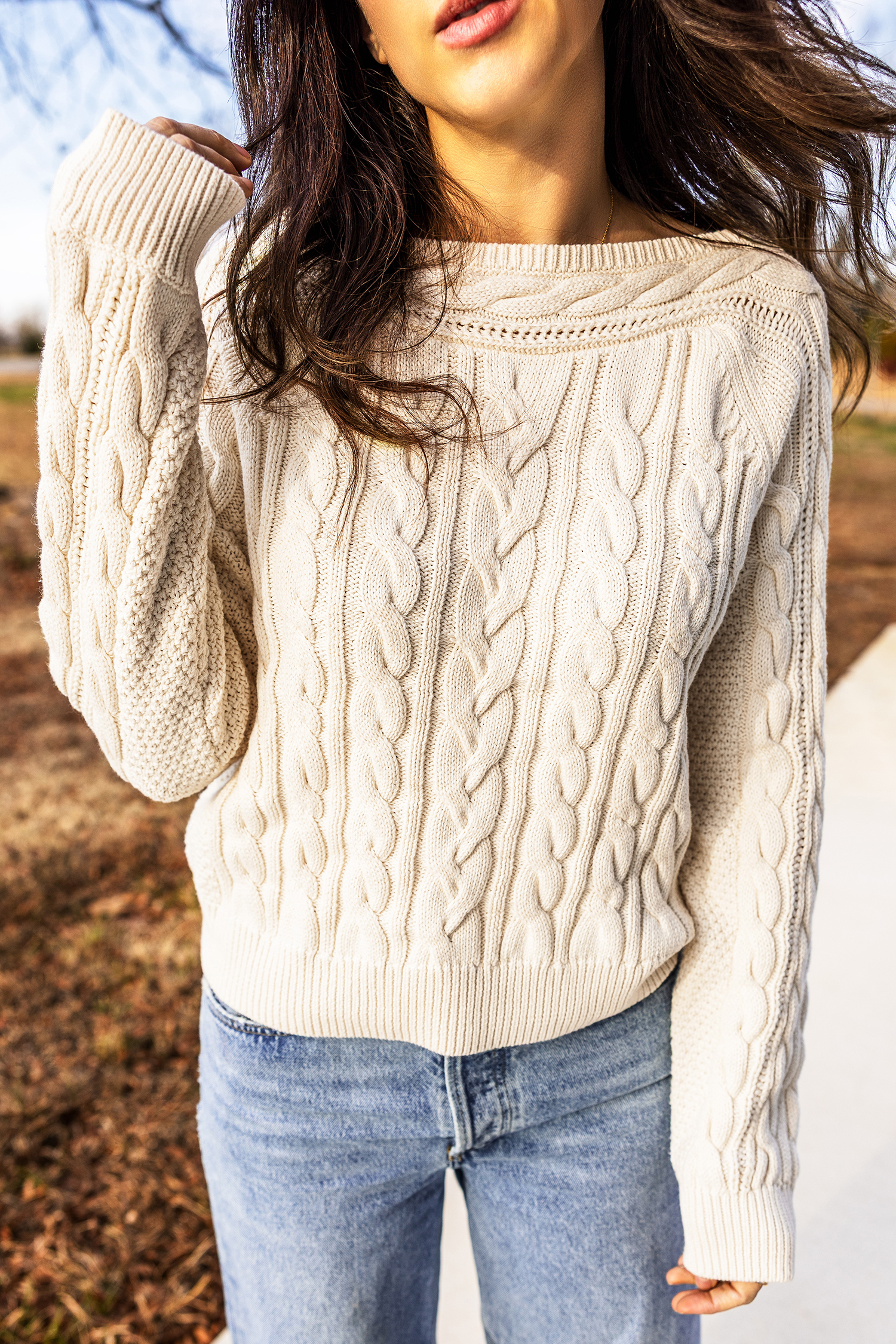 Beige Round Neck Cable Sweater, Casual Textured Fall Pullover - Detail View 5