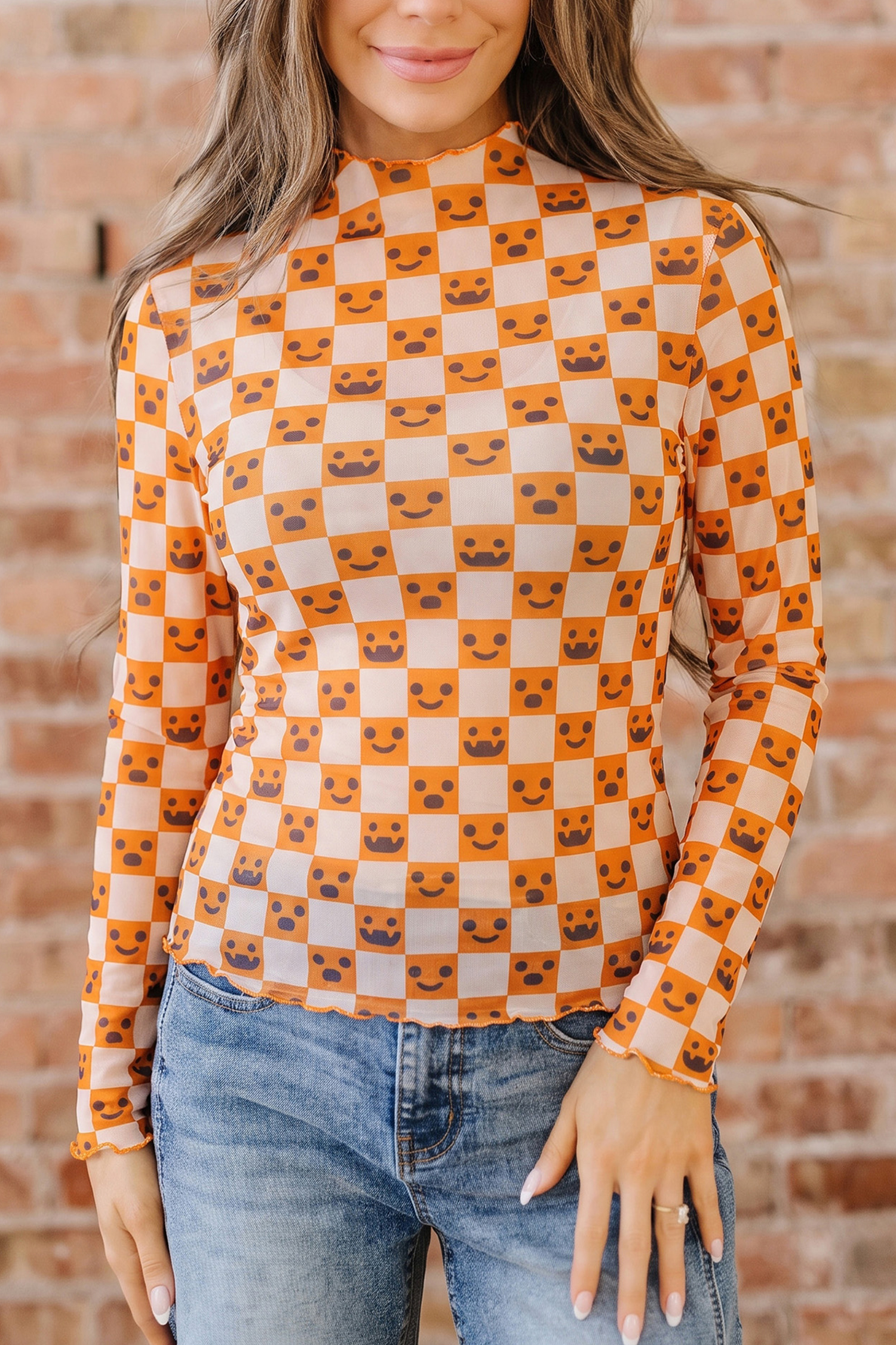 Stand Neck Halloween Shirt, Abstract Plaid Seasonal Blouse - Detail View 3