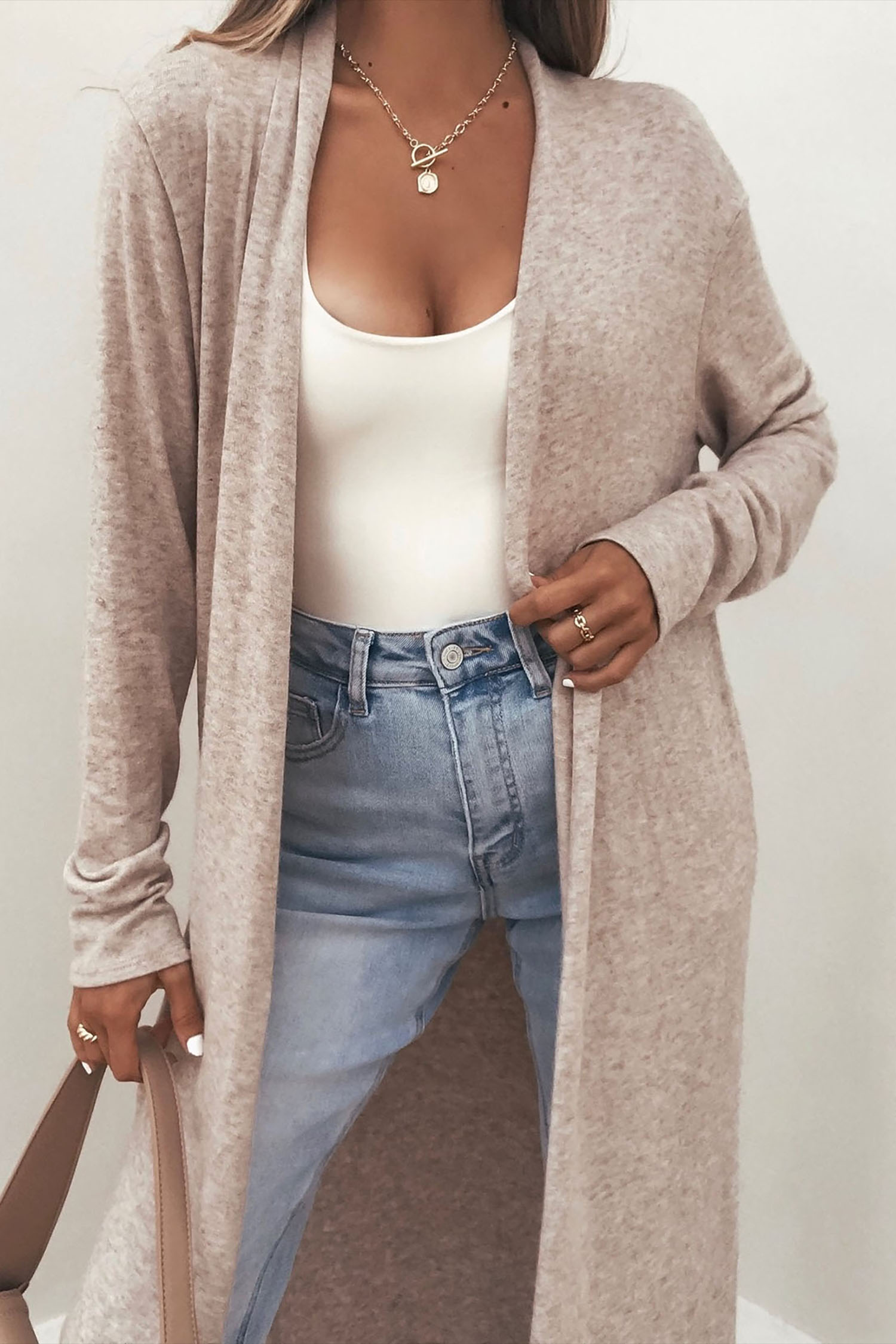 Khaki Long Sleeve Cardigan, Modern Open Front Layering Piece - Detail View 5
