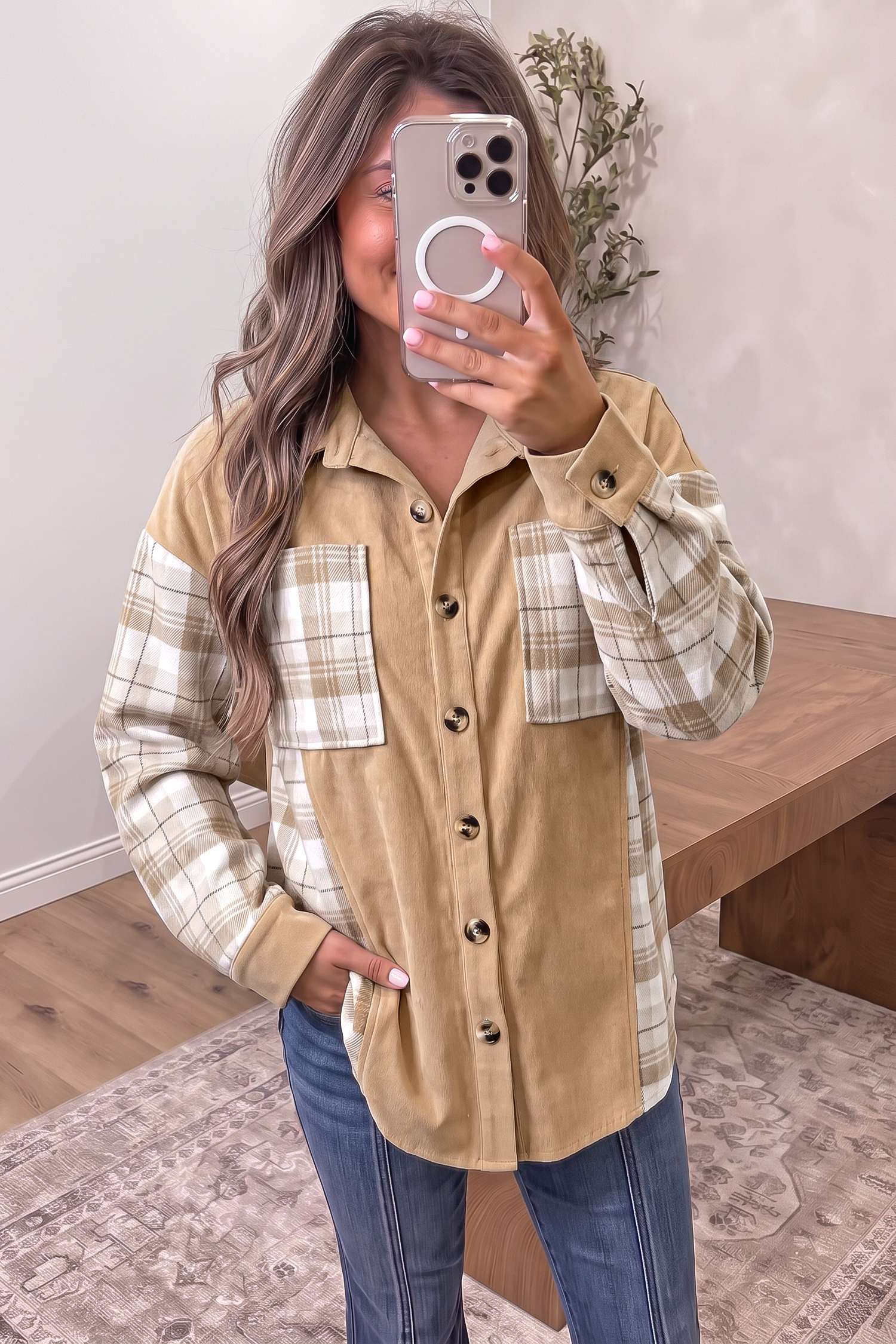 Casual Beige Plaid Shacket, Long Sleeve Button Down Shirt - Detail View 2
