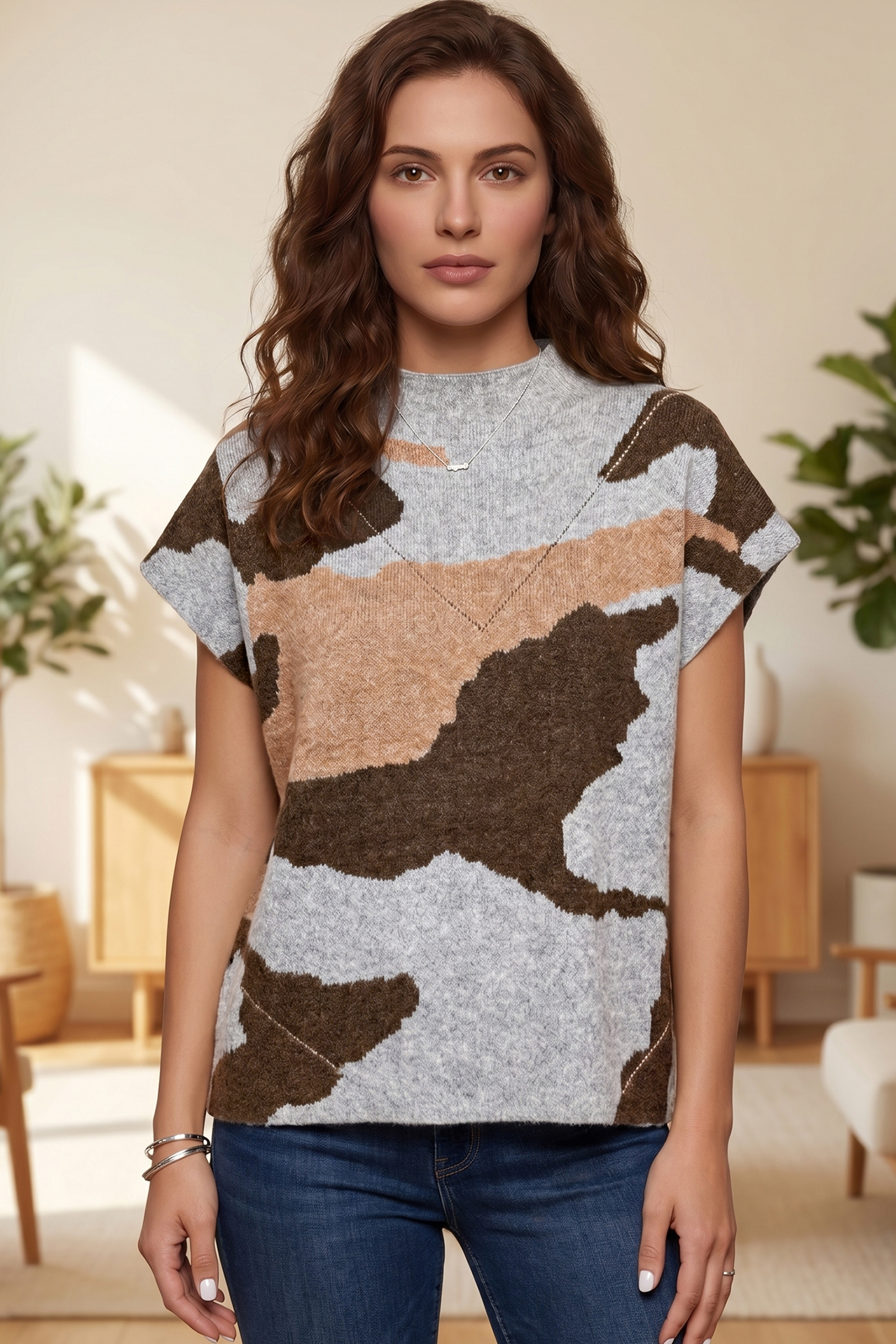 Casual Camo Print Short Sleeve Sweater, Mock Neck Knit Shirt - Detail View 5