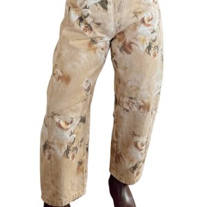 Women's Retro Barrel Jeans, Casual Khaki Floral - Main View