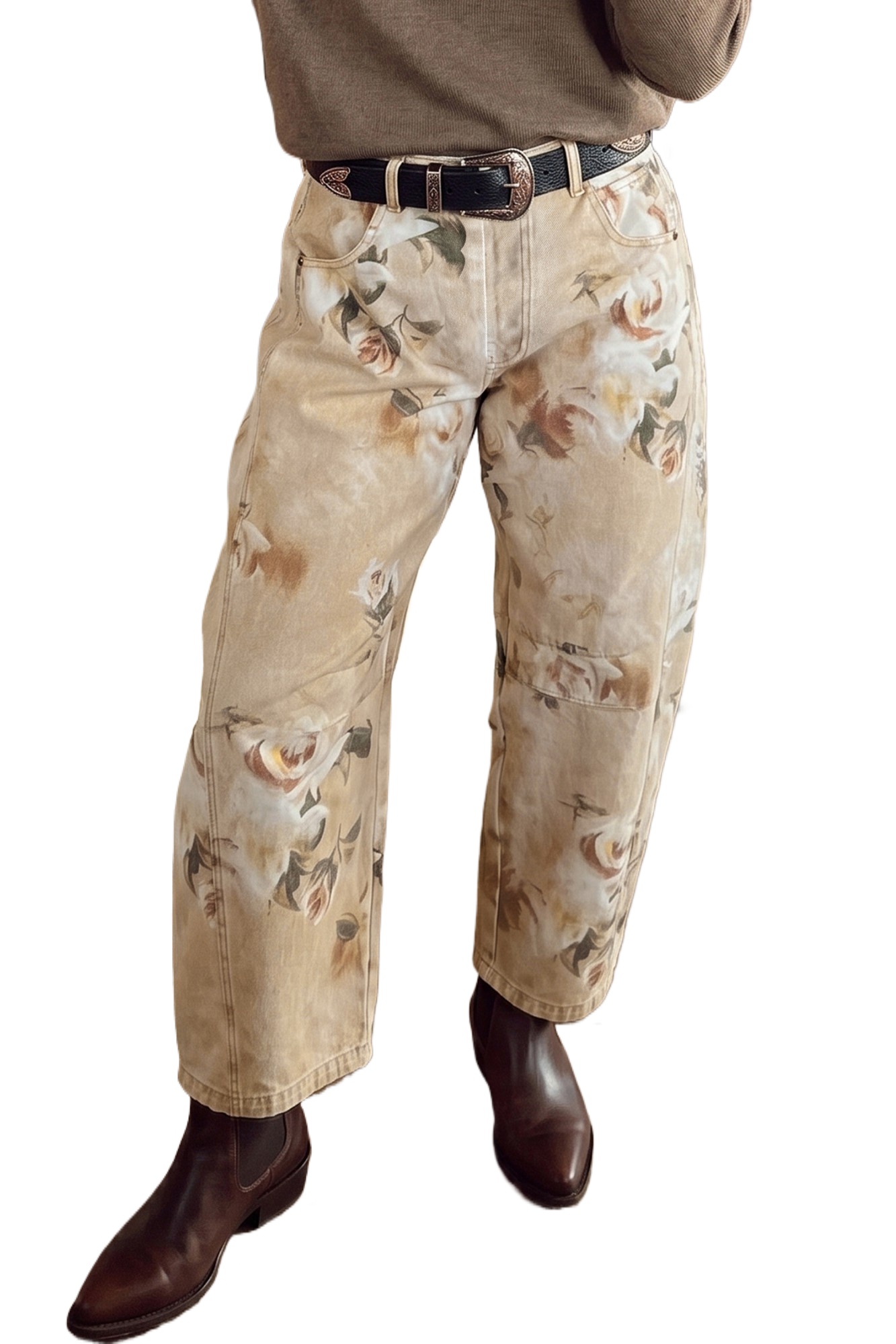 Women's Retro Barrel Jeans, Casual Khaki Floral - Main View