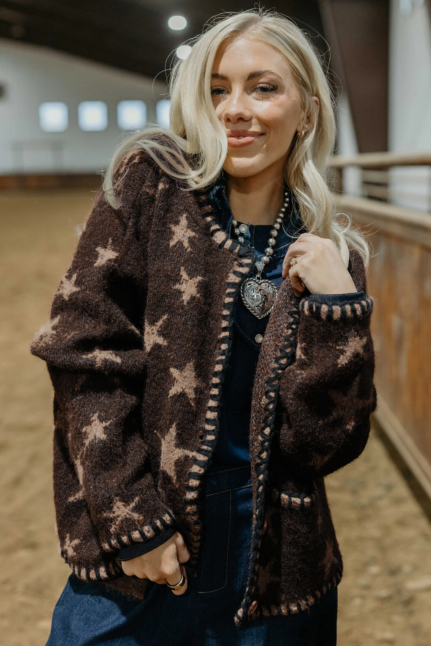 Brown Star Print Cardigan, Long Sleeve Fall Layering Piece - Detail View 8