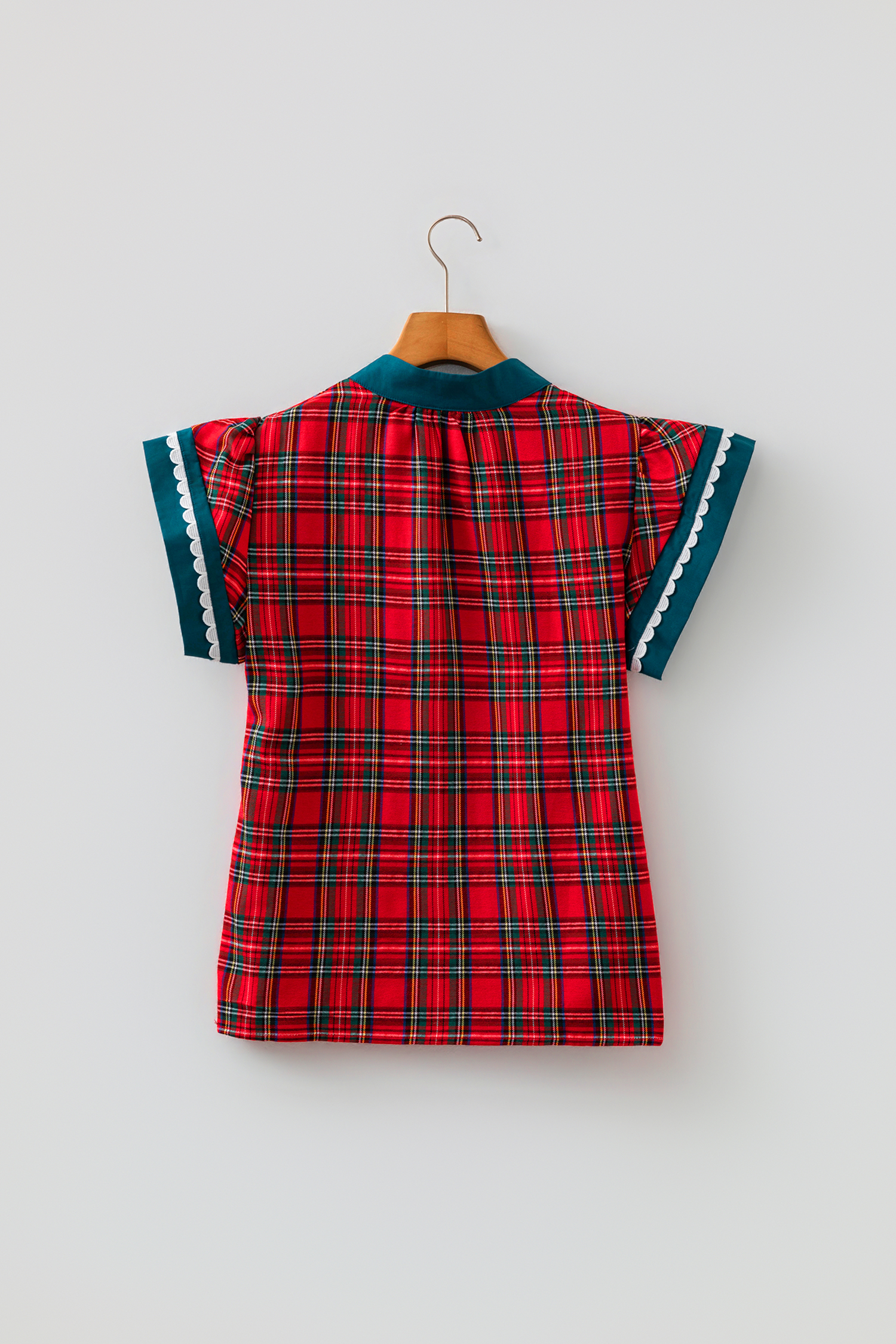 Women's Casual Plaid Blouse, Festive Ruffle Sleeve Shirt - Detail View 6