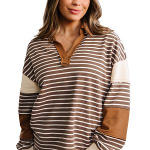 Women's Brown Stripe Pullover, Casual Waffle Knit Long Sleeve - Main View