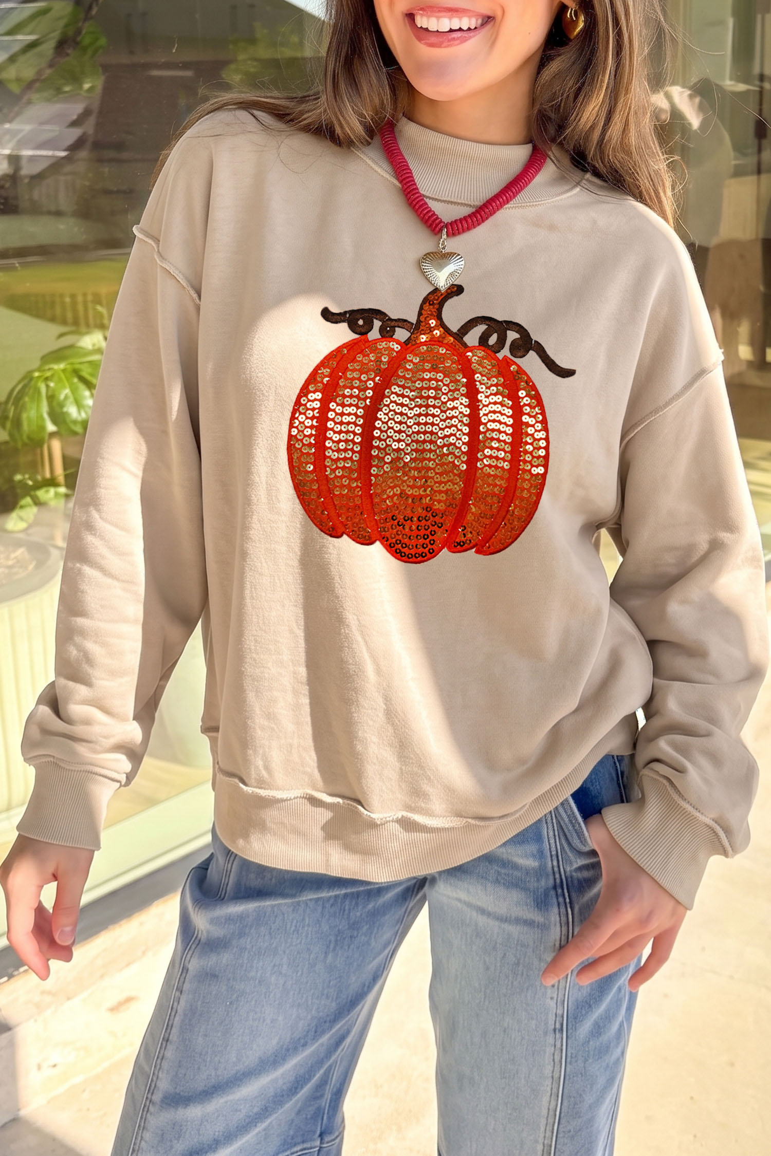 Baggy High Neck Pumpkin Sweatshirt, Soft Cotton Blend - Detail View 3